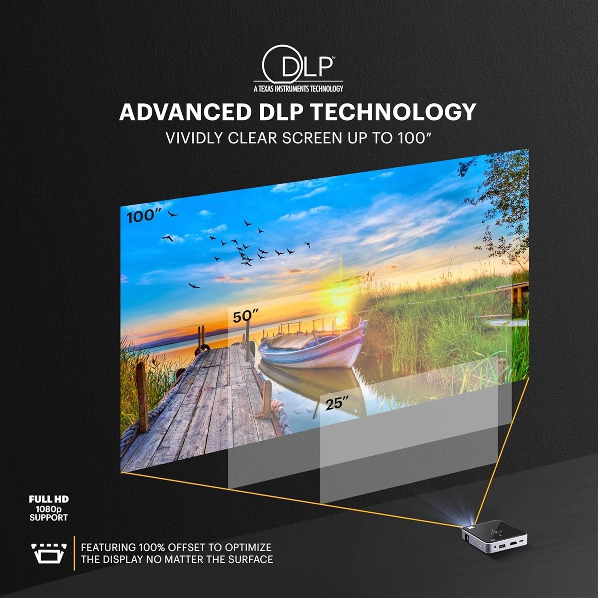 DLP  
A Texas Instruments Technology  

ADVANCED DLP TECHNOLOGY  
VIVIDLY CLEAR SCREEN UP TO 100"  

FULL HD 1080p SUPPORT  

FEATURING 100% OFFSET TO OPTIMIZE THE DISPLAY NO MATTER THE SURFACE