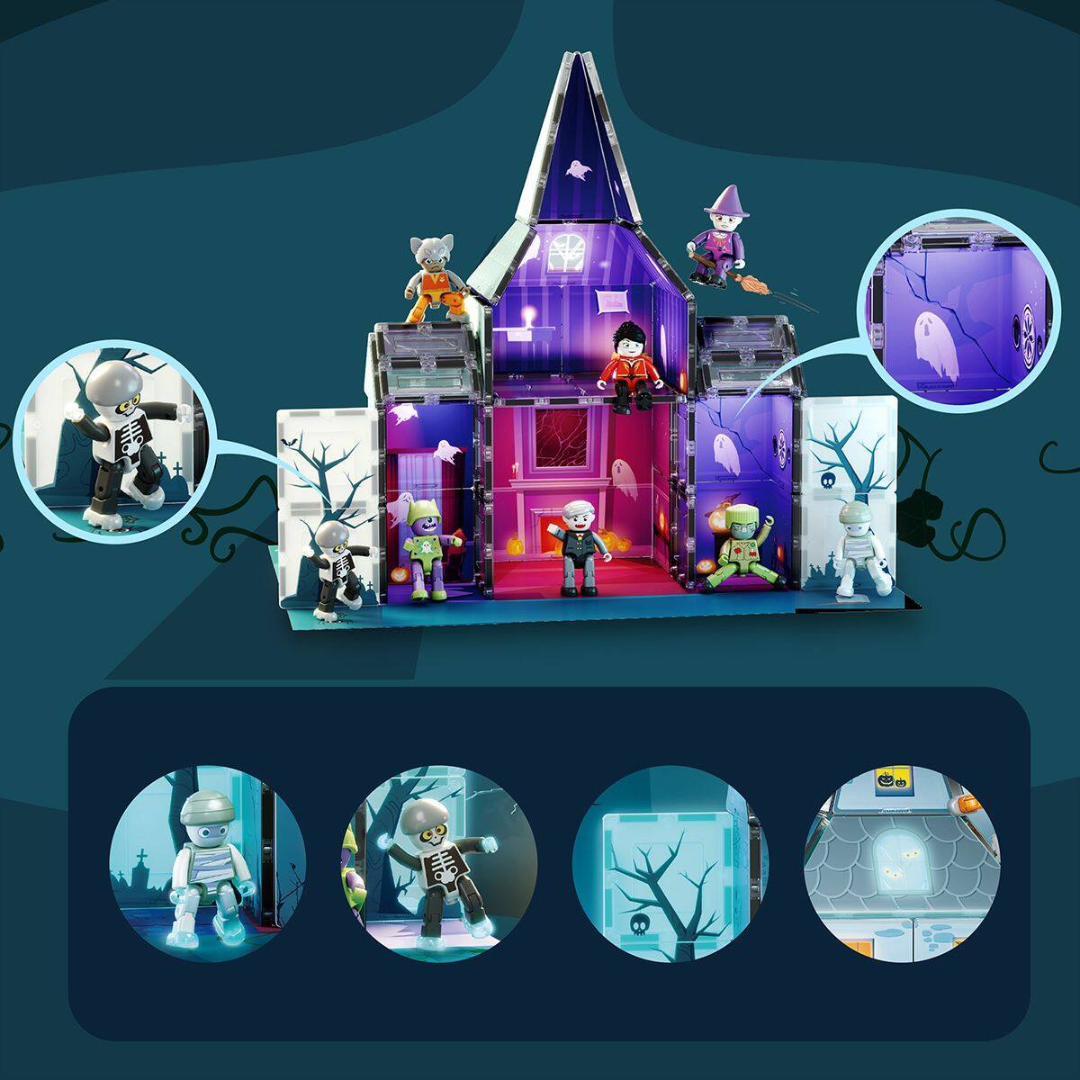 Alt View 2. PicassoTiles - PICASSO-TILES Magnetic Tiles for Kids, 57PCS Haunted Horror House Theme, STEM Building Blocks Educational Toy - Multicolor.