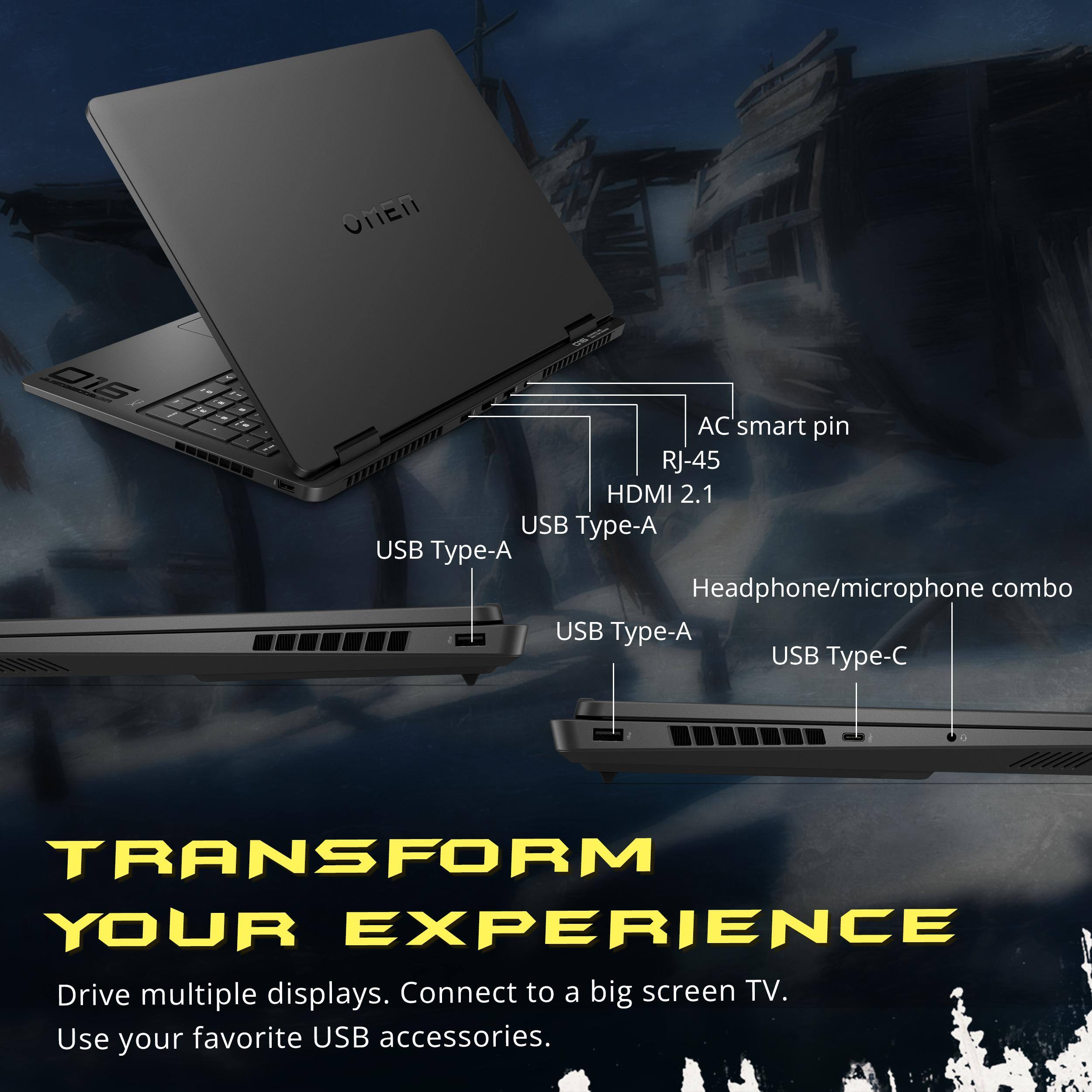 ONEn Di6 AC smart pin RJ-45 HDMI 2.1 USB Type-A USB Type-A Headphone/microphone combo USB Type-A USB Type-C

TRANSFORM YOUR EXPERIENCE
Drive multiple displays. Connect to a big screen TV. Use your favorite USB accessories.