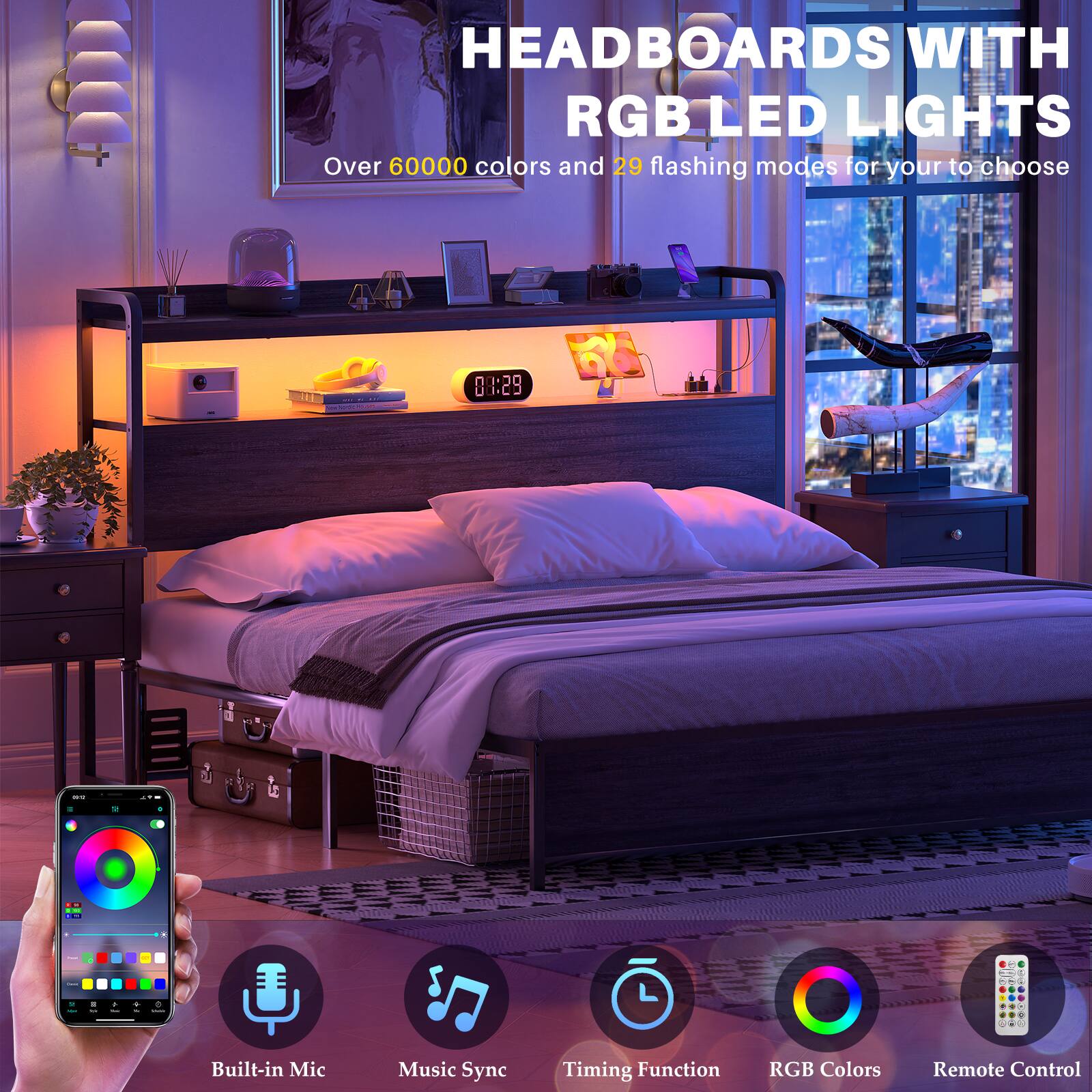 HEADBOARDS WITH RGB LED LIGHTS  
Over 60000 colors and 29 flashing modes for your to choose  

Built-in Mic  
Music Sync  
Timing Function  
RGB Colors  
Remote Control