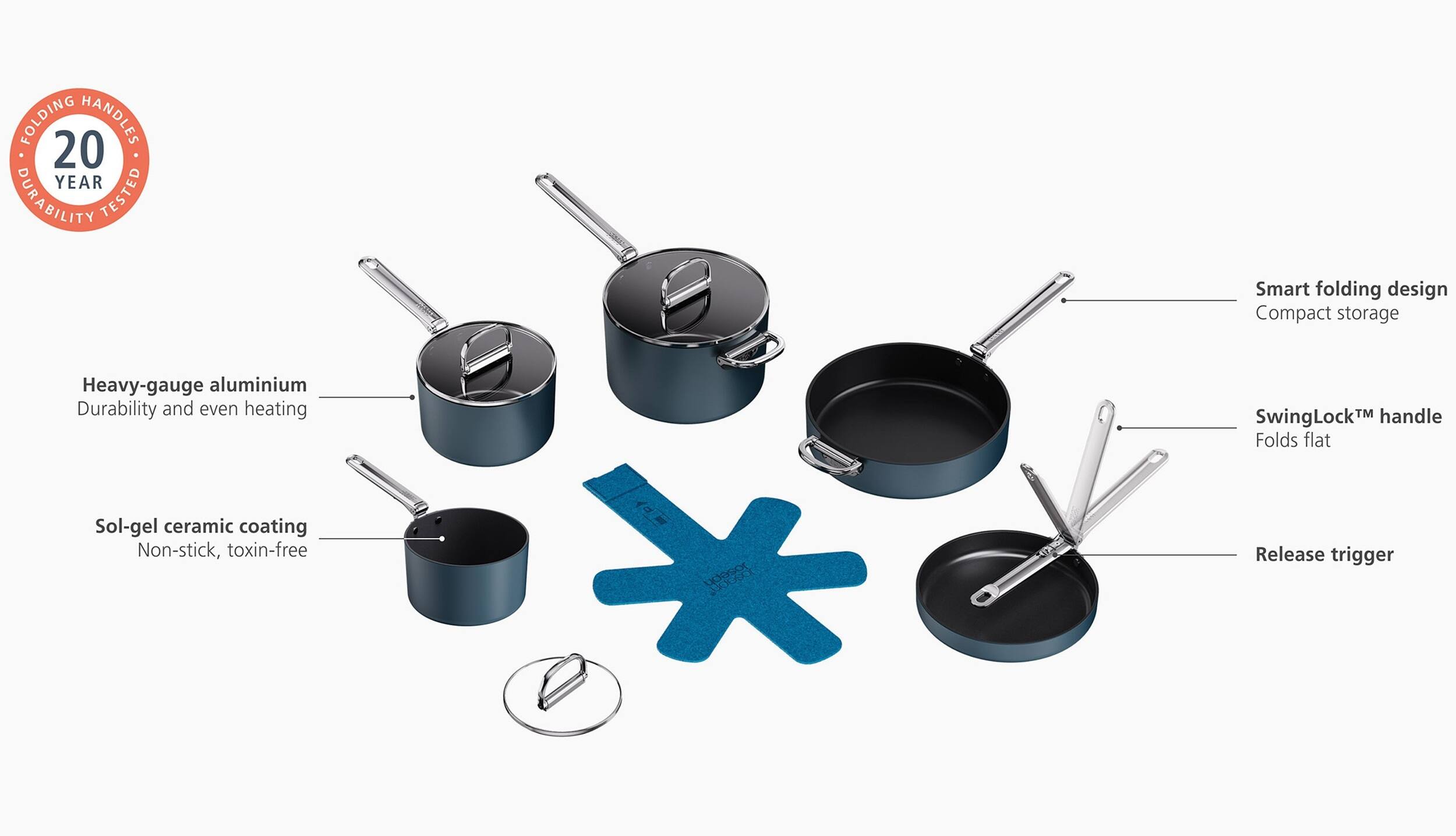 - Folding Handles
- 20 Year Durability Tested
- Heavy-gauge aluminium
  - Durability and even heating
- Sol-gel ceramic coating
  - Non-stick, toxin-free
- Smart folding design
  - Compact storage
- SwingLock™ handle
  - Folds flat
- Release trigger