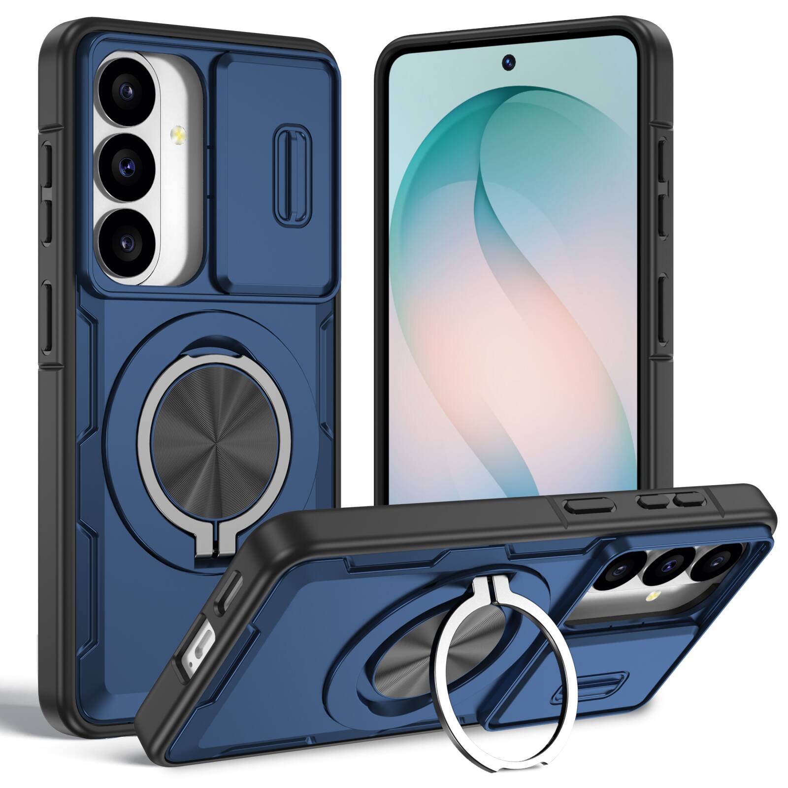 Front. Dteck - Rugged Magnetic Case for Samsung Galaxy S26, Shockproof 360° Rotating Ring Stand Cover, Window Sliding Protection - Blue.