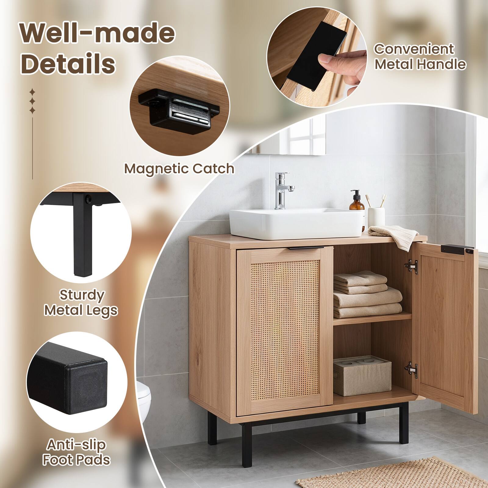 Well-made Details  
Convenient Metal Handle  
Magnetic Catch  
Sturdy Metal Legs  
Anti-slip Foot Pads
