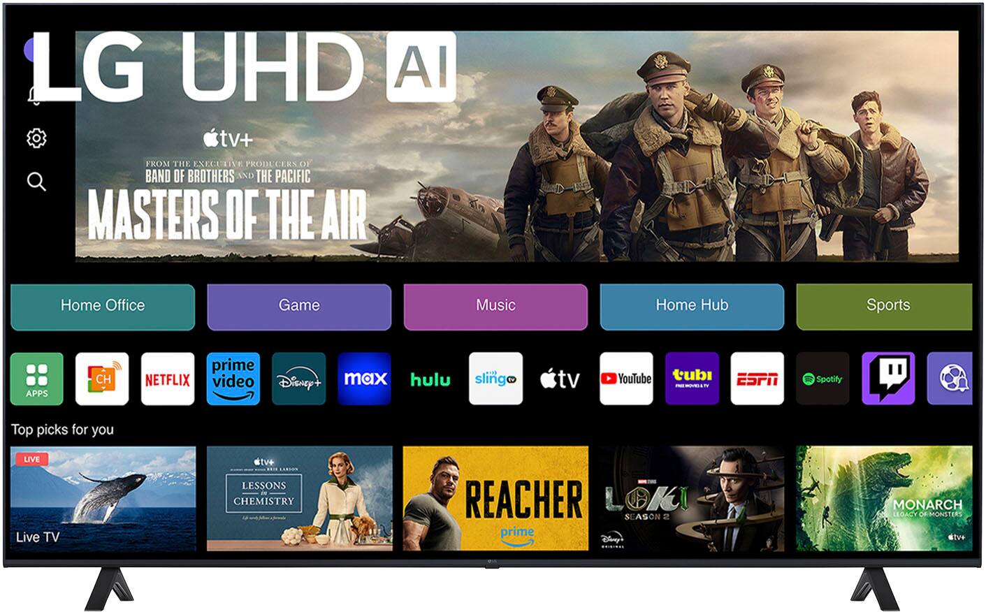 Grouped and corrected text:

LG UHD AI TV+:
From the executive producers of Band of Brothers and The Pacific, Masters of the Air.
Home Office:
Game:
Music:
Home Hub:
Sports:
APPS:
Prime Video, Netflix, Disney+, Hulu, Sling TV, YouTube, Tubi, ESPN, PMEMONDATV, FE FV, Spotify.
Top picks for you:
Live TV:
Live TV+:
Lessons in Chemistry:
Reacher:
Loki Season 2:
Prime Video:
Disney!:
Monarch: Legacy of Monsters:

Note: The text has been grouped and corrected to provide a clear and organized representation of the content displayed on the screen.