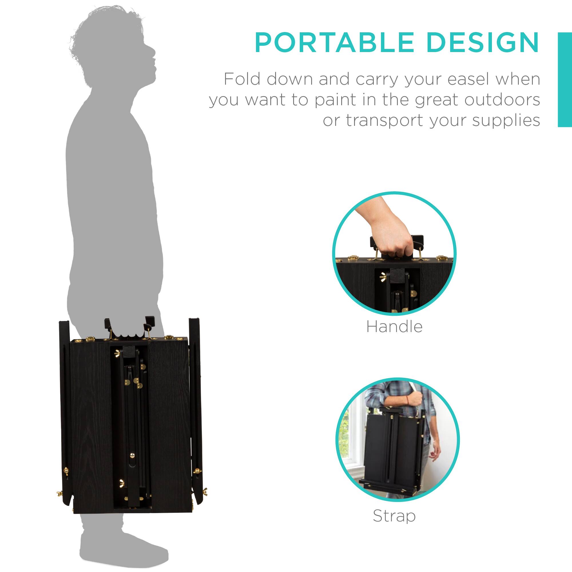 PORTABLE DESIGN

Fold down and carry your easel when you want to paint in the great outdoors or transport your supplies

Handle

Strap