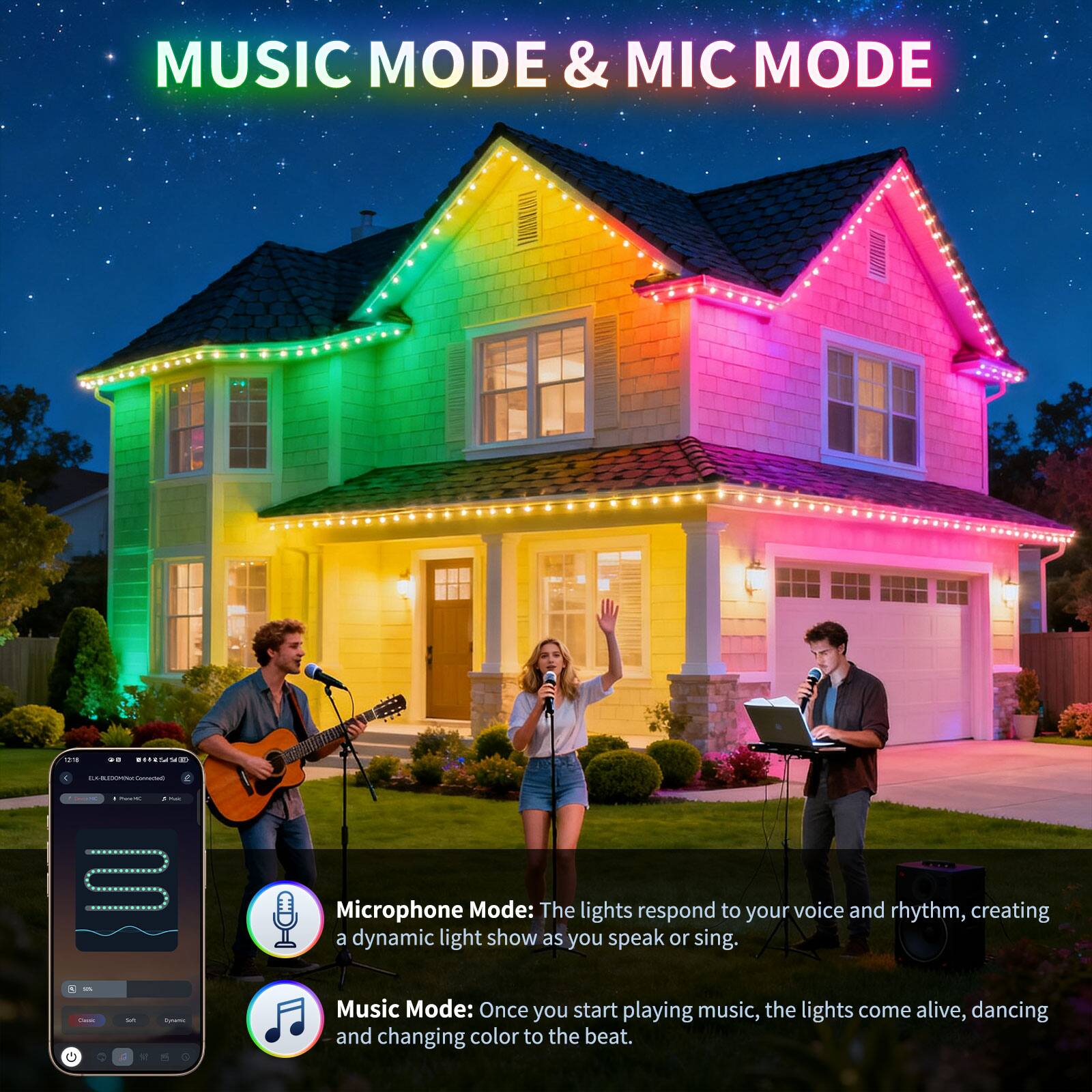 MUSIC MODE & MIC MODE

Microphone Mode: The lights respond to your voice and rhythm, creating a dynamic light show as you speak or sing.

Music Mode: Once you start playing music, the lights come alive, dancing and changing color to the beat.