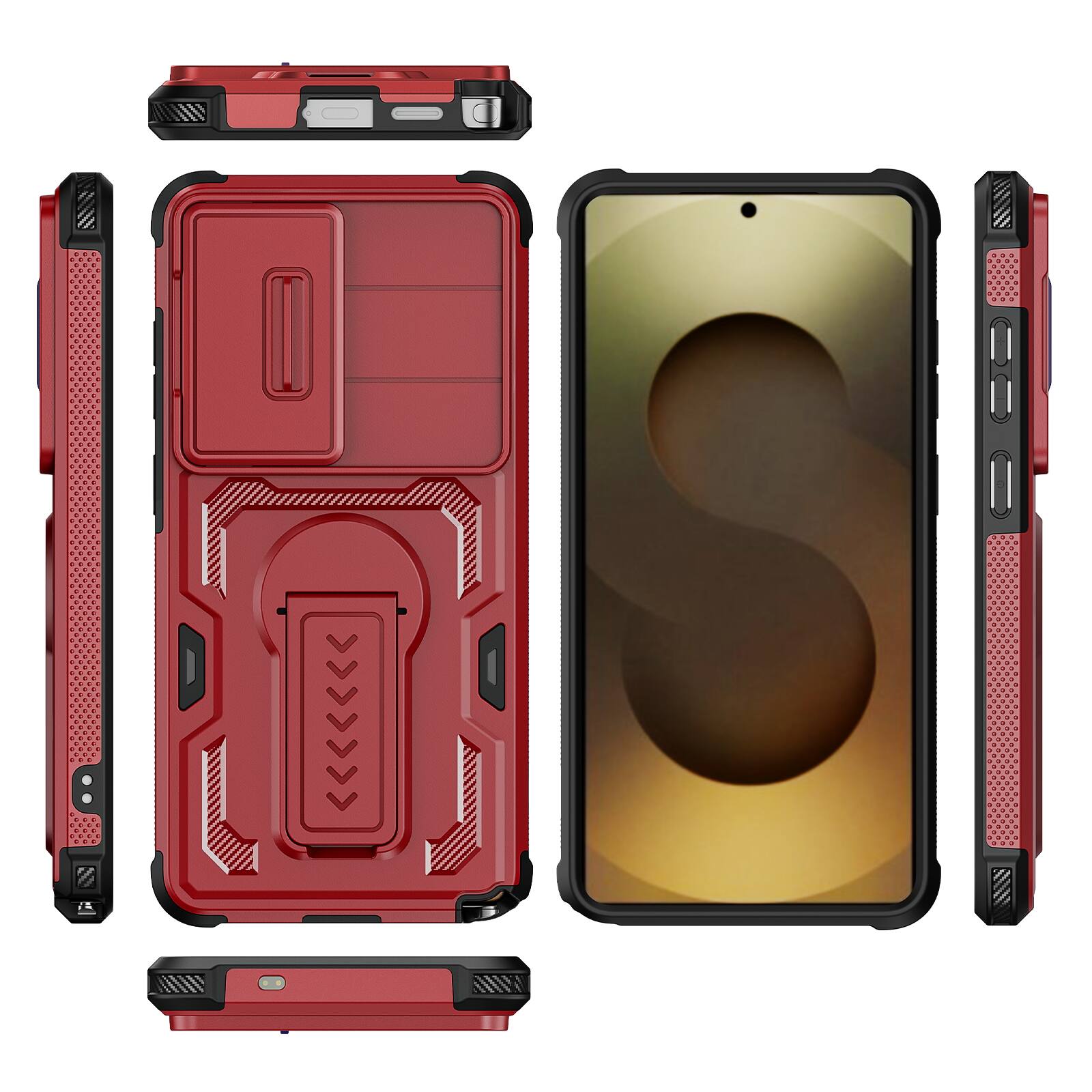 Alt View 4. Dteck - Rugged Stand Case for Samsung Galaxy S26 Ultra,Shockproof Heavy Duty Cover With Sliding Lens Cover+Tempered Glass Flim - Red.