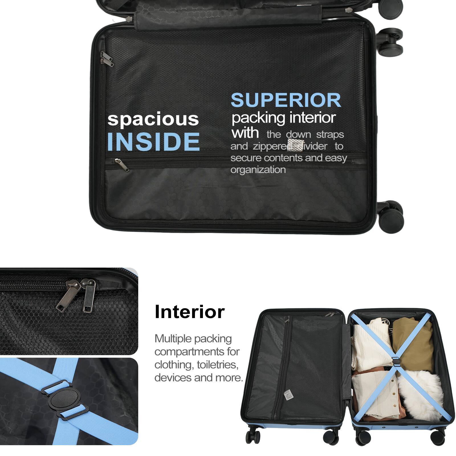 SUPERIOR spacious packing interior with the down straps INSIDE and zipper divider to secure contents and easy organization

Interior
Multiple packing compartments for clothing, toiletries, devices and more.