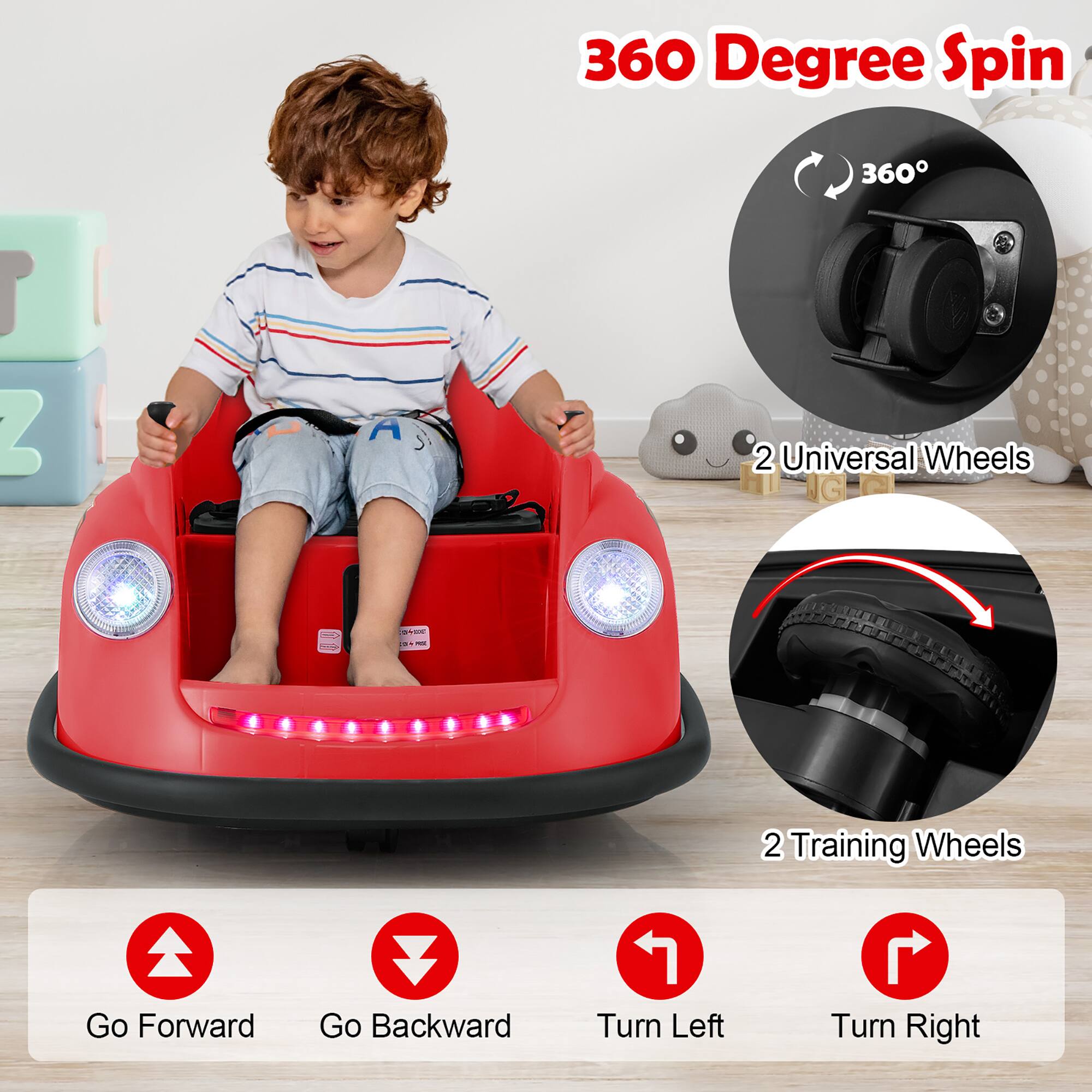 360 Degree Spin

- 360°
- 2 Universal Wheels
- 2 Training Wheels

Go Forward
Go Backward
Turn Left
Turn Right