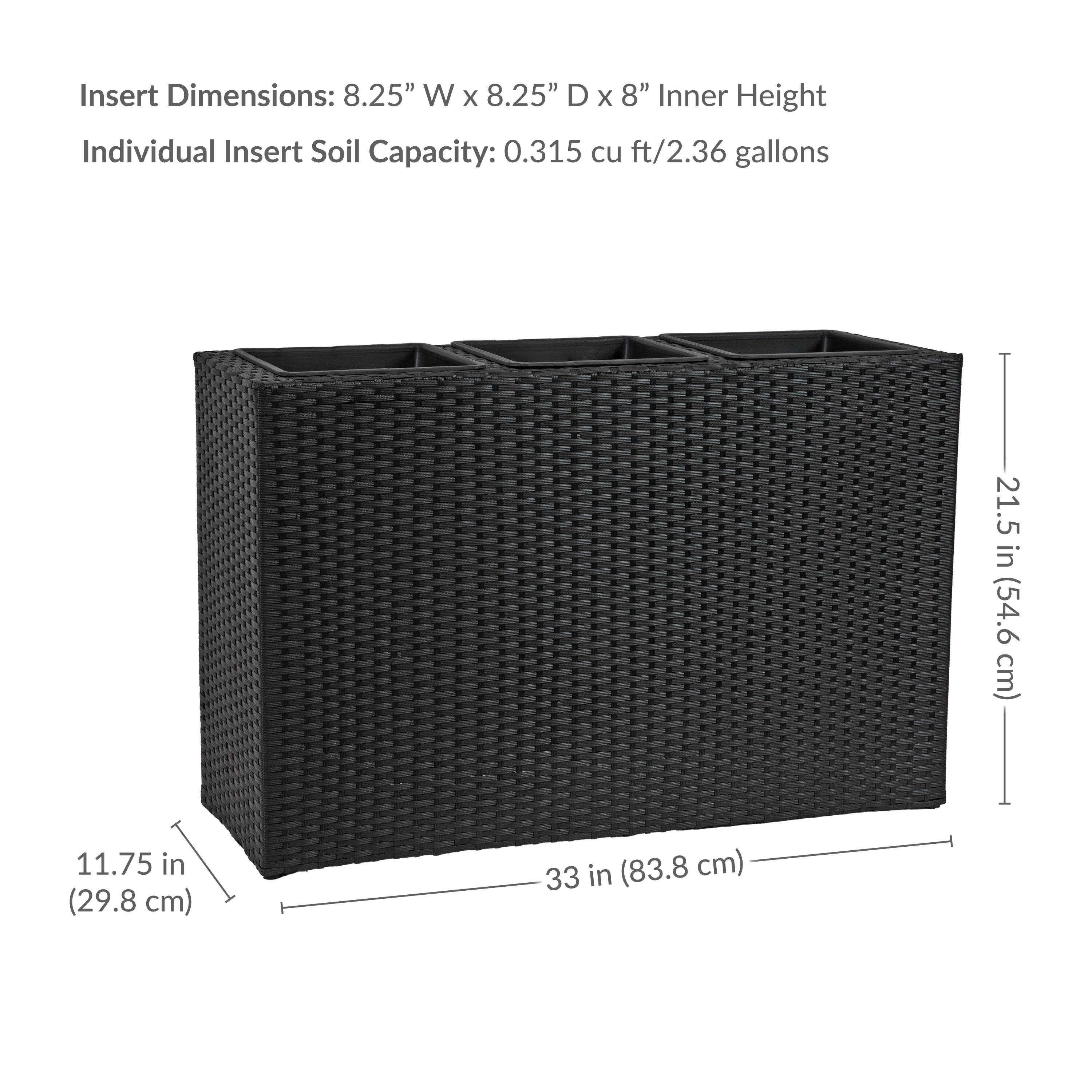 Insert Dimensions: 8.25" W x 8.25" D x 8" Inner Height  
Individual Insert Soil Capacity: 0.315 cu ft / 2.36 gallons  

21.5 in (54.6 cm)  
11.75 in (29.8 cm)  
33 in (83.8 cm)