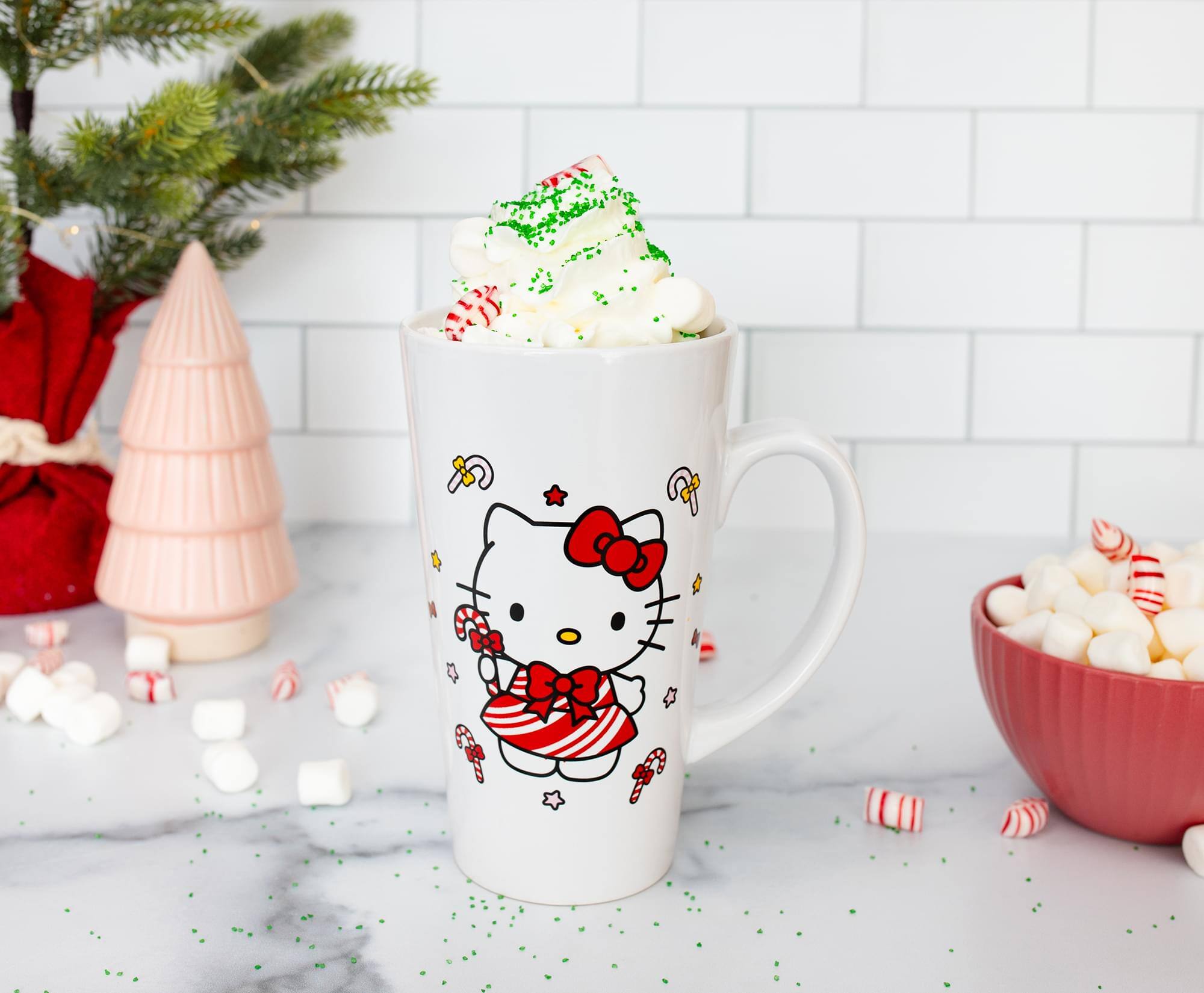 Alt View 5. Silver Buffalo - Sanrio Hello Kitty Holiday Candy Cane Ceramic Tall Latte Mug | Holds 16 Ounces - Red.
