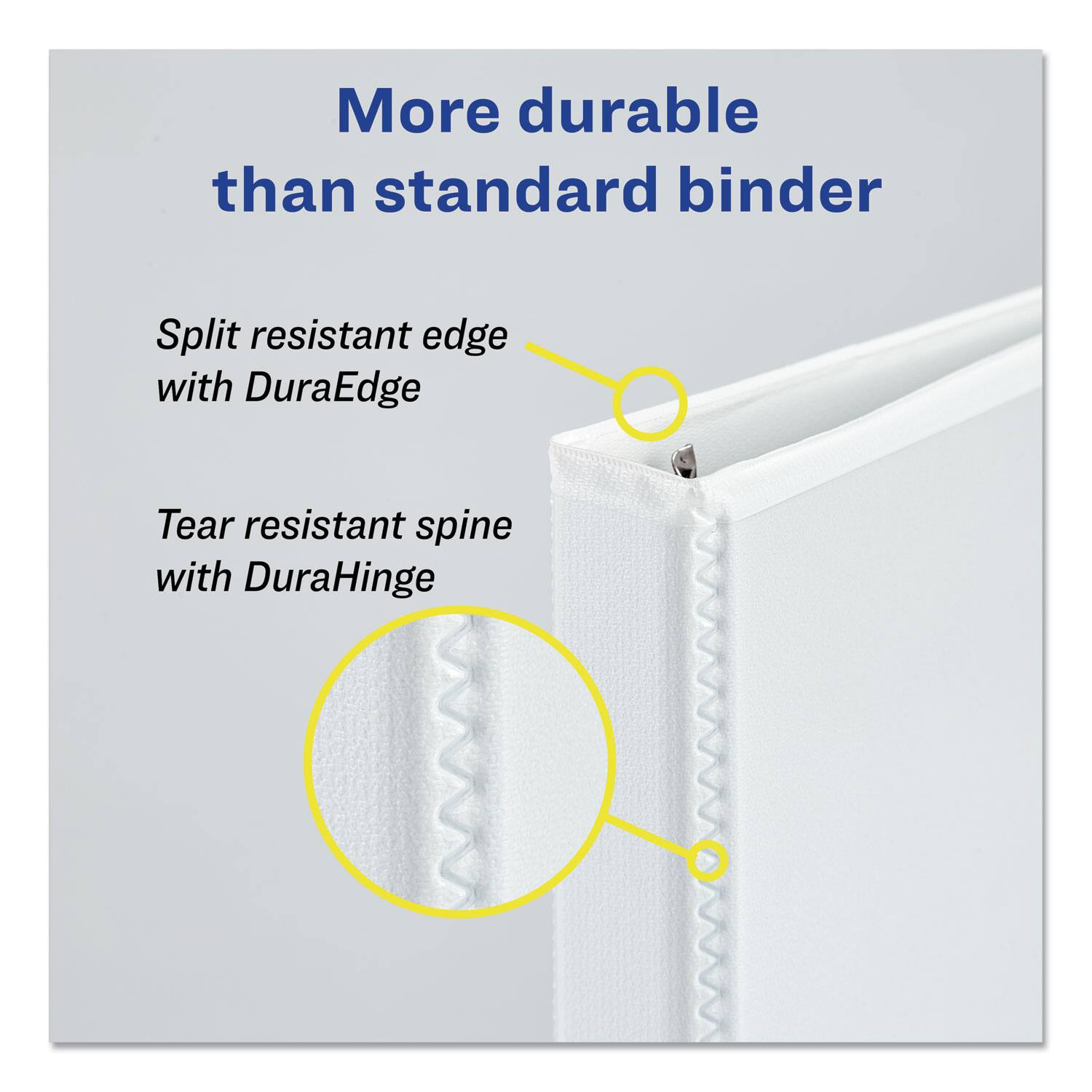More durable than standard binder

Split resistant edge with DuraEdge

Tear resistant spine with DuraHinge