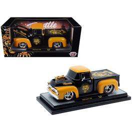 1956 Ford F-100 Pickup Truck "Throttle" Black with Brown Top and Fenders with Graphics 1/24 Model Car by M2 Machines