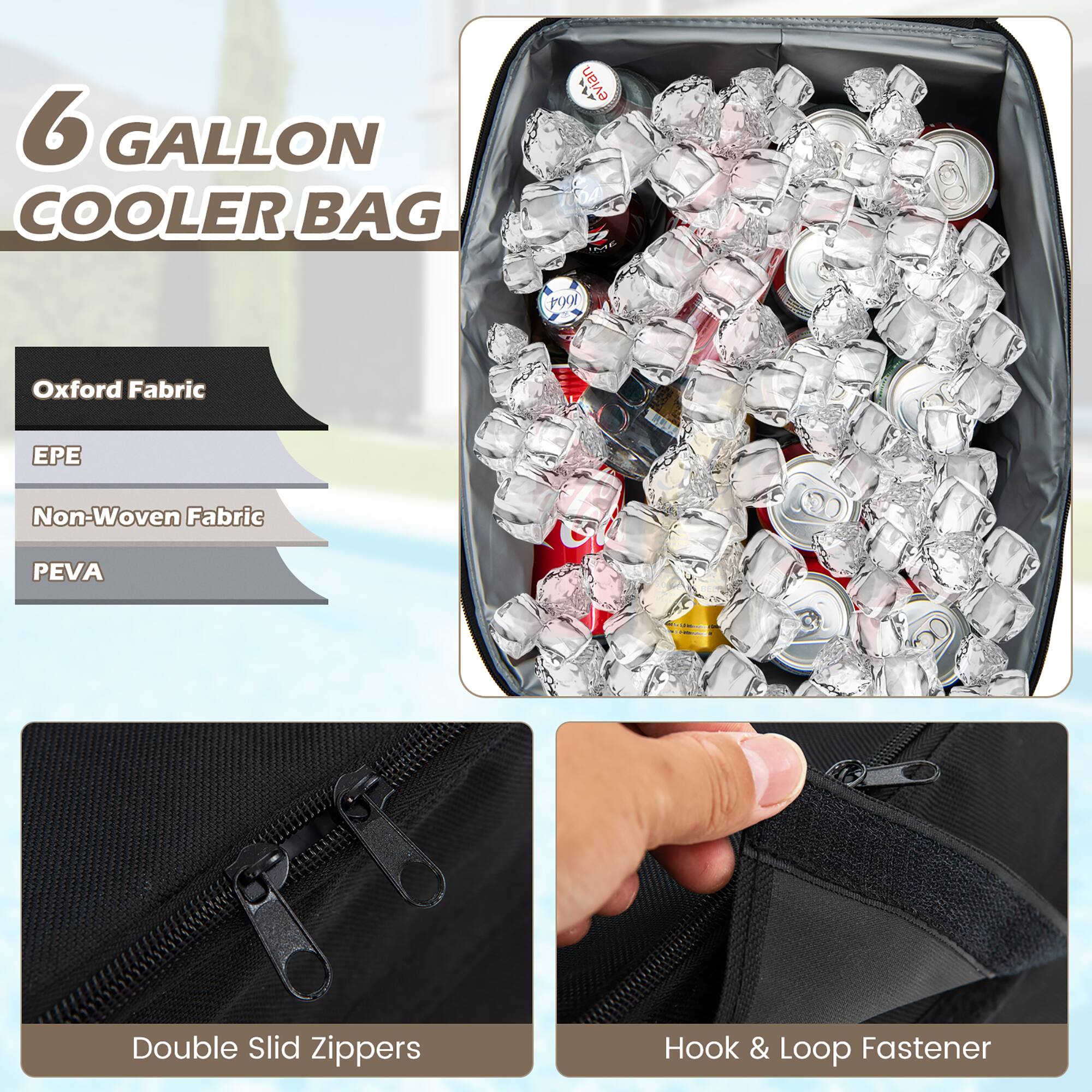 6 GALLON COOLER BAG

- Oxford Fabric
- EPE
- Non-Woven Fabric
- PEVA

Double Slid Zippers

Hook & Loop Fastener
