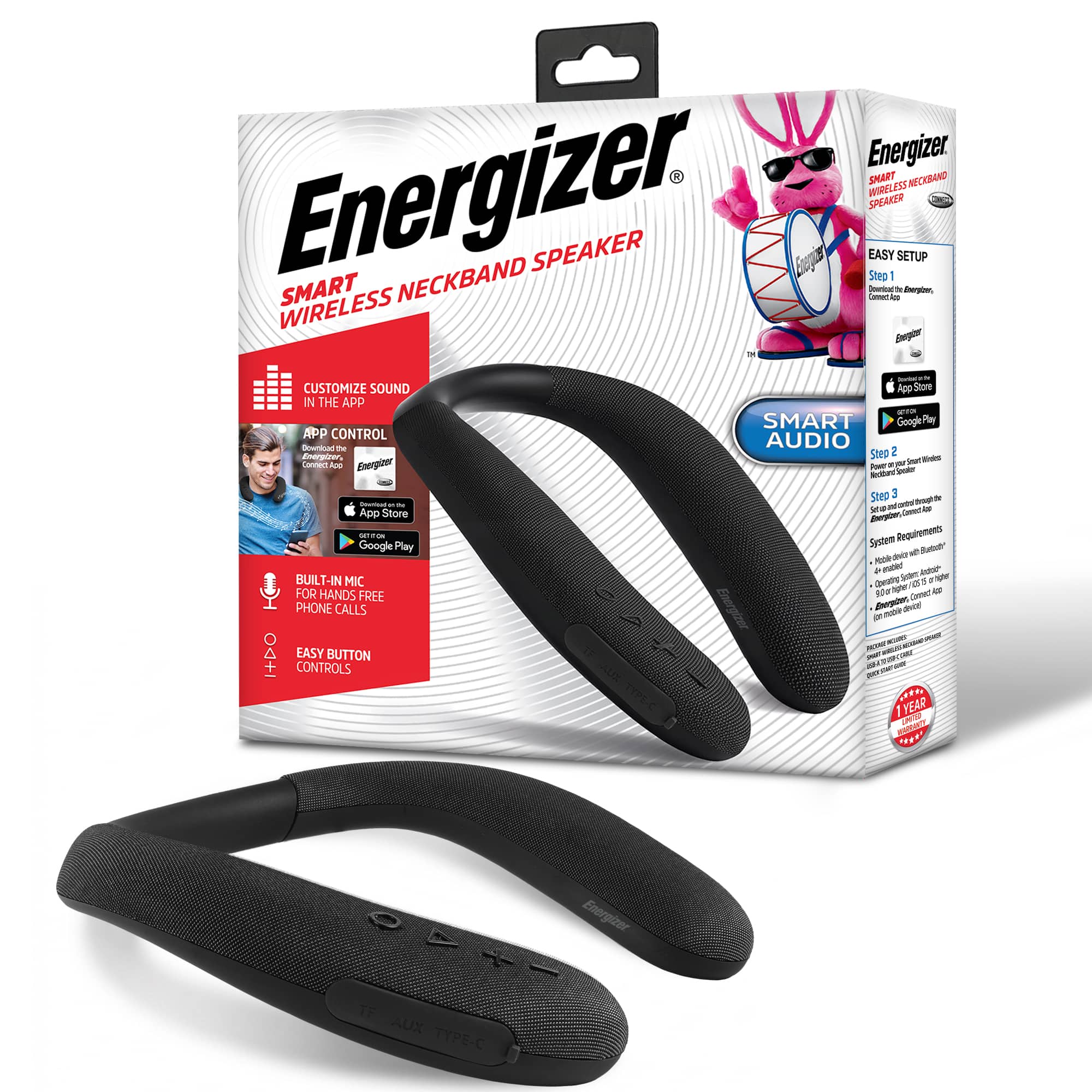 Energizer - Smart Wireless Neckband Speaker Wearable Bluetooth Neck Speaker with In App Control, Adjustable EQ, Microphone - Black