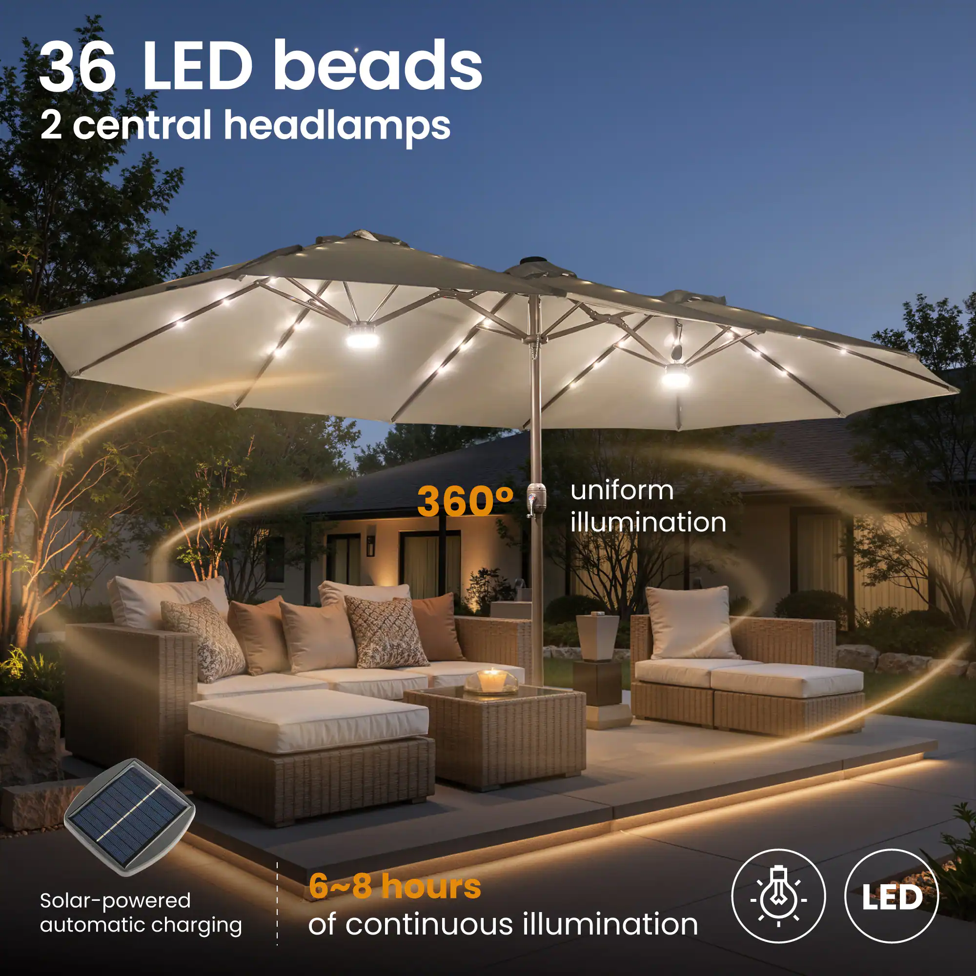 36 LED beads  
2 central headlamps  
360° uniform illumination  
Solar-powered automatic charging  
6~8 hours of continuous illumination