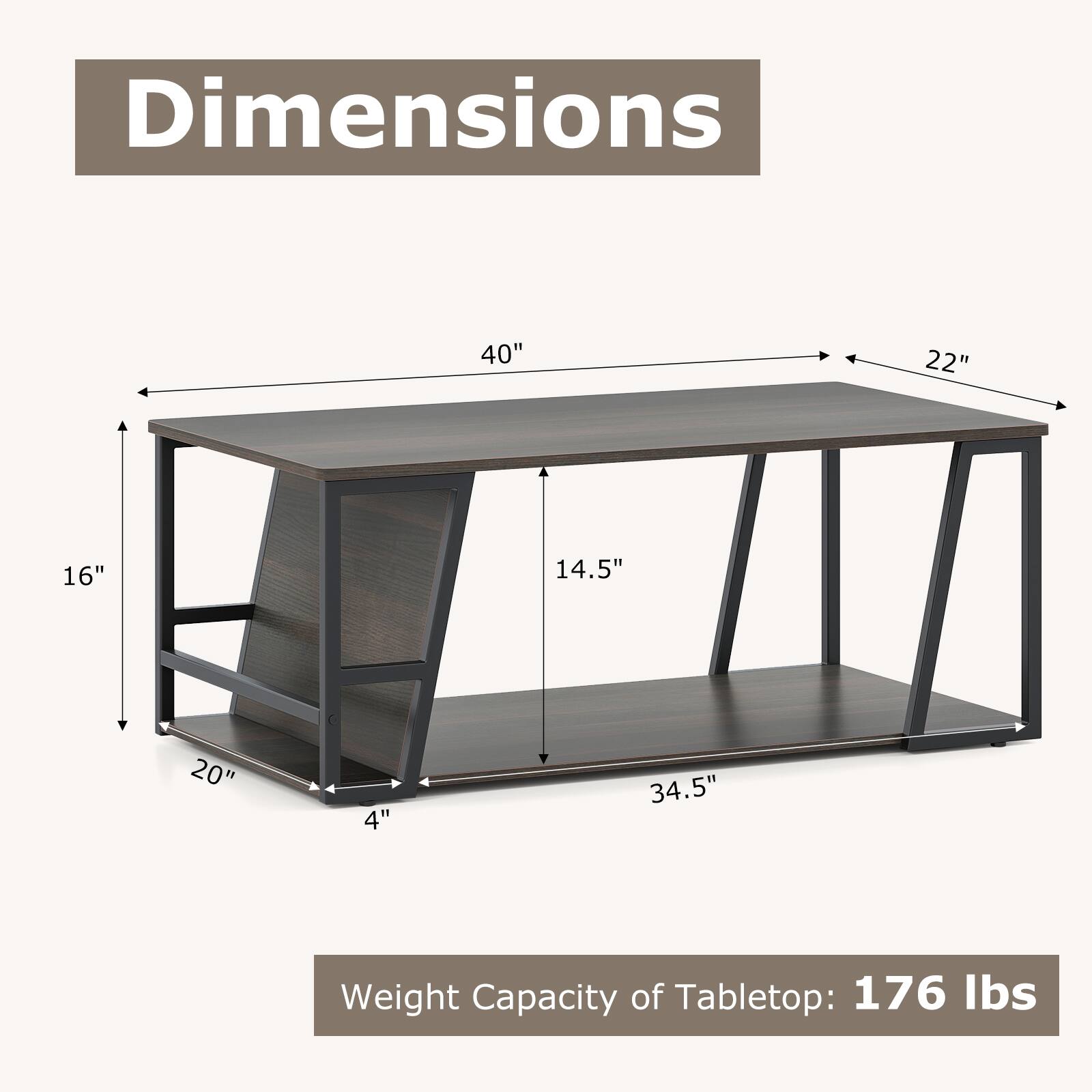 Dimensions:  
- Length: 40"  
- Width: 22"  
- Height: 16"  
- Shelf Height: 14.5"  
- Shelf Depth: 20"  
- Shelf Width: 34.5"  
- Leg Width: 4"  

Weight Capacity of Tabletop: 176 lbs