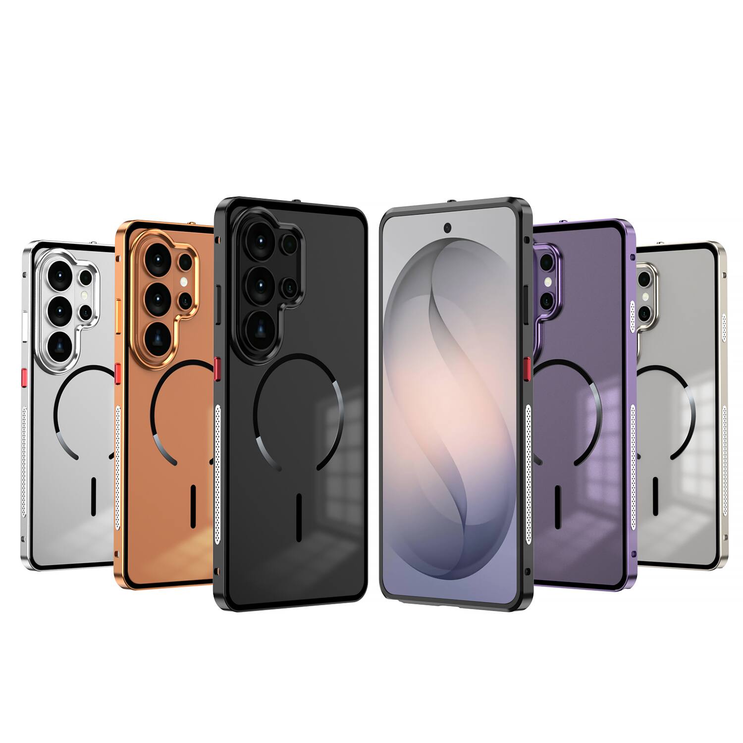 Angle. Dteck - Magnetic Aluminum Bumper Case for Samsung Galaxy S26 Ultra, Slim Shockproof Translucent Matte Cover with Buckle Lock - Silver.