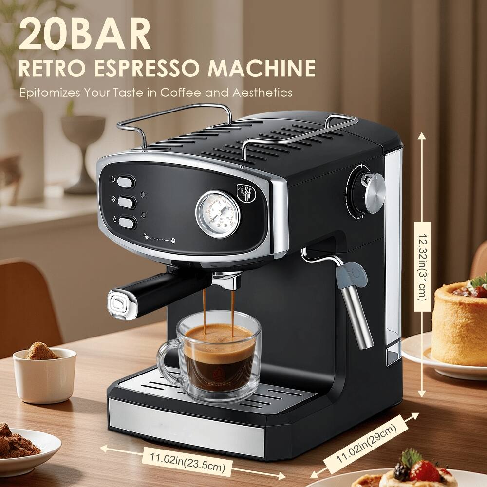 20BAR RETRO ESPRESSO MACHINE Epitomizes Your Taste in Coffee and Aesthetics.  
A  
12.32in(31cm)  
11.02in(23.5cm)  
11.02in(29cm)