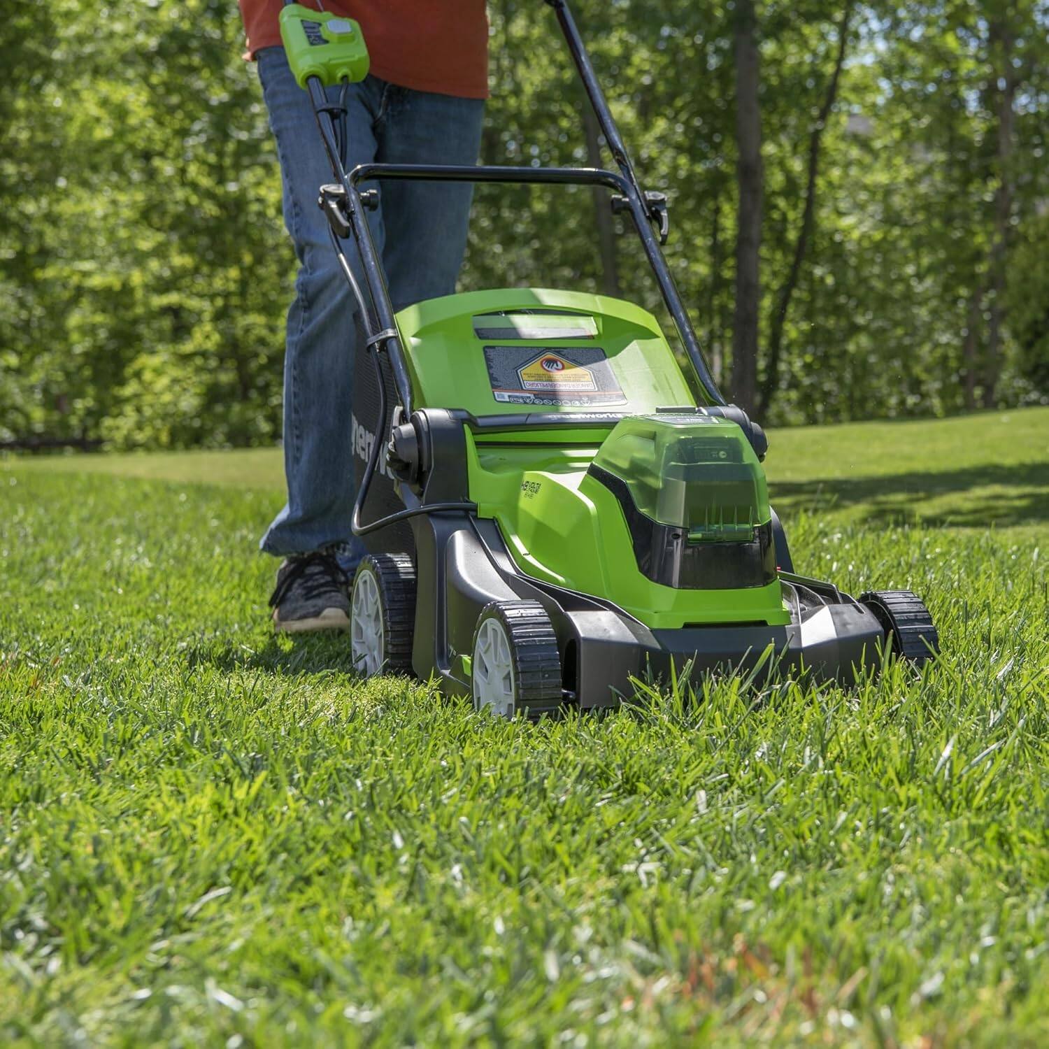 Angle. Greenworks - Greenworks 48V (24V x 2) 17" Brushless Battery Push Mower, with (2) 4Ah Batteries and Dual Port Charger 2526302 - Green.