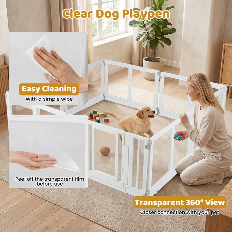 Clear Dog Playpen

Easy Cleaning
With a simple wipe

Peel off the transparent film before use

Transparent 360° View
Closer connection with your pet