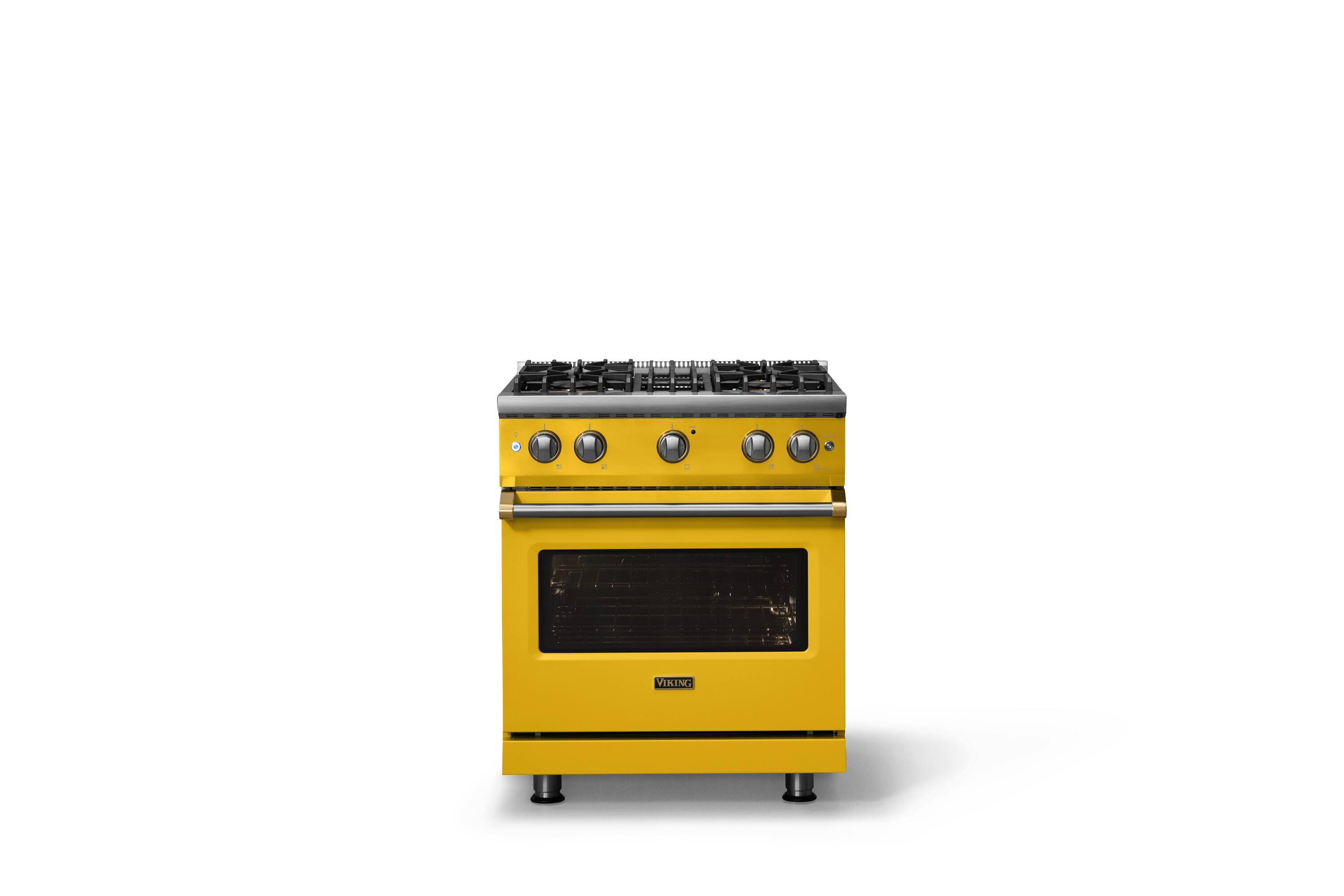Alt View 1. Viking - 30 in. Wide Pro 5 Series 4.0 Cu. Ft. Freestanding Sealed 4 Burner Gas Convection Range - Daffodil/Brushed Brass - Daffodil.