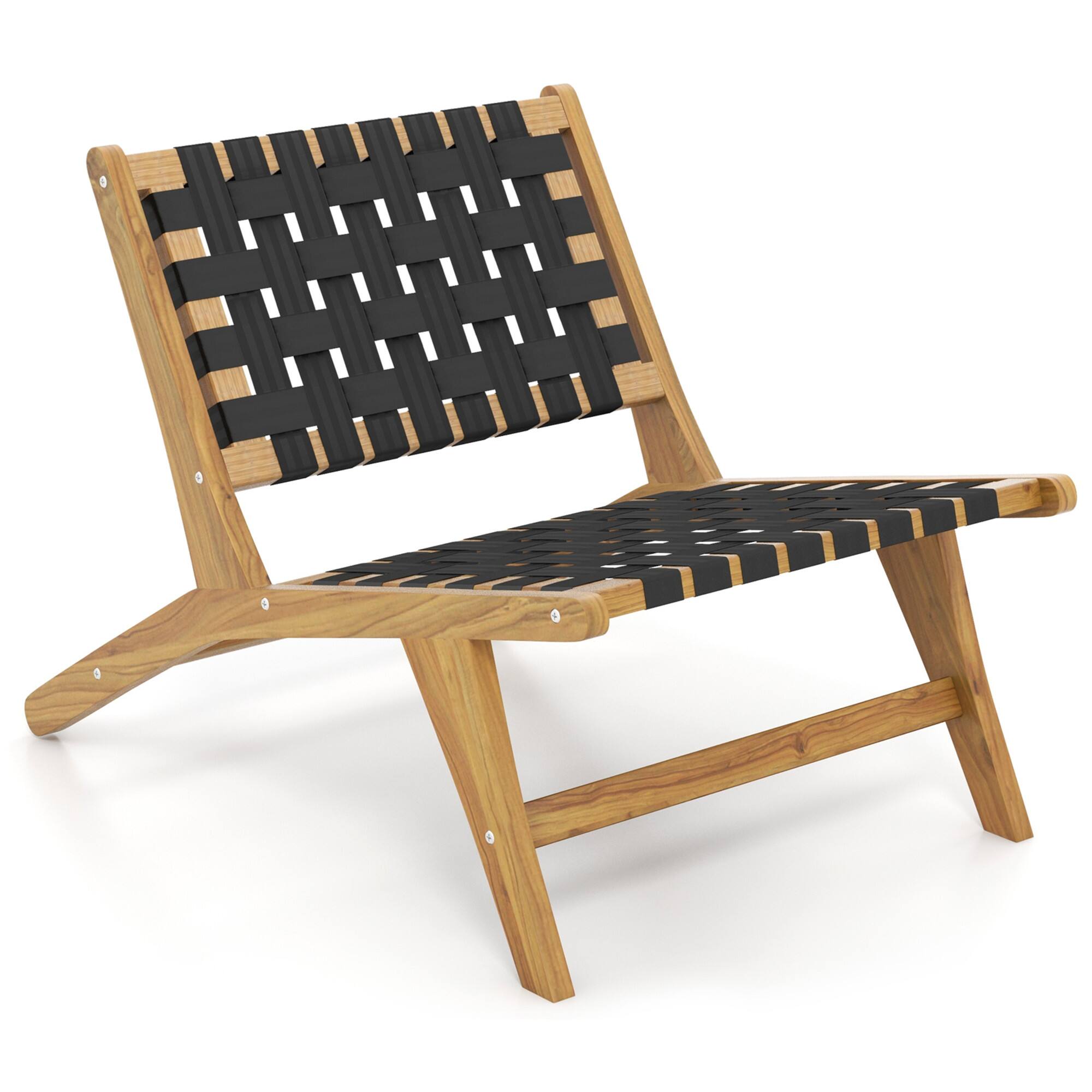 Front. Gymax - Gymax Teak Wooden Chair w/ Woven Webbing Seat & Backrest for Patio Mid Century Modern - Natural, Black.