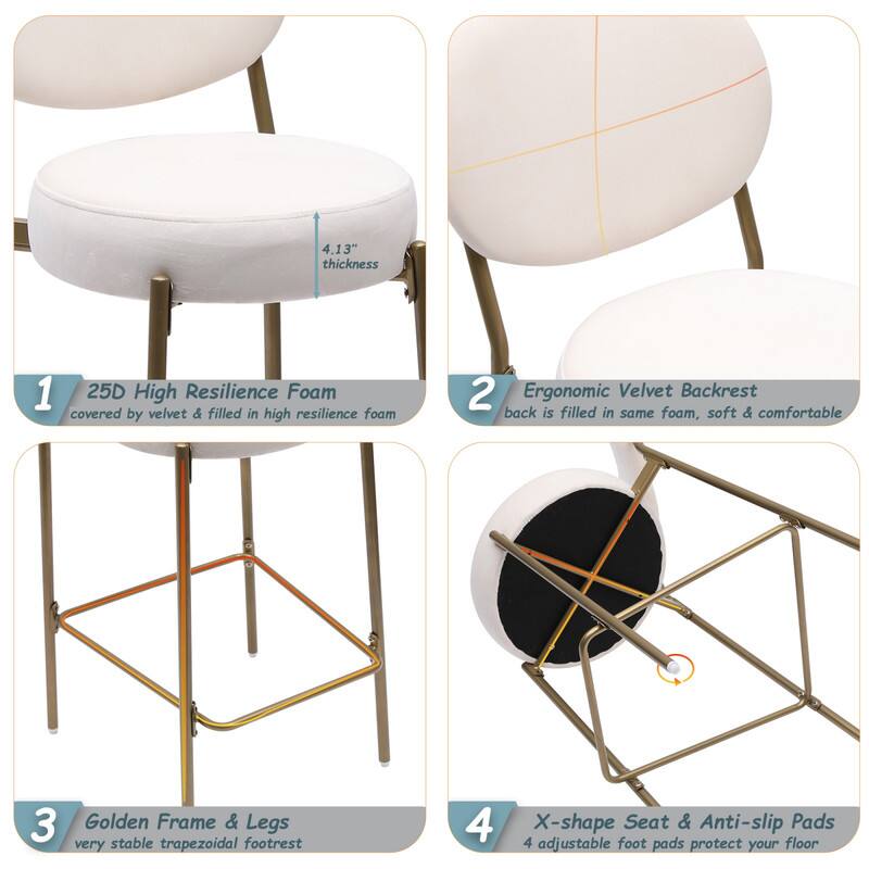 1. 25D High Resilience Foam  
   covered by velvet & filled in high resilience foam

2. Ergonomic Velvet Backrest  
   back is filled in same foam, soft & comfortable

3. Golden Frame & Legs  
   very stable trapezoidal footrest

4. X-shape Seat & Anti-slip Pads  
   4 adjustable foot pads protect your floor
