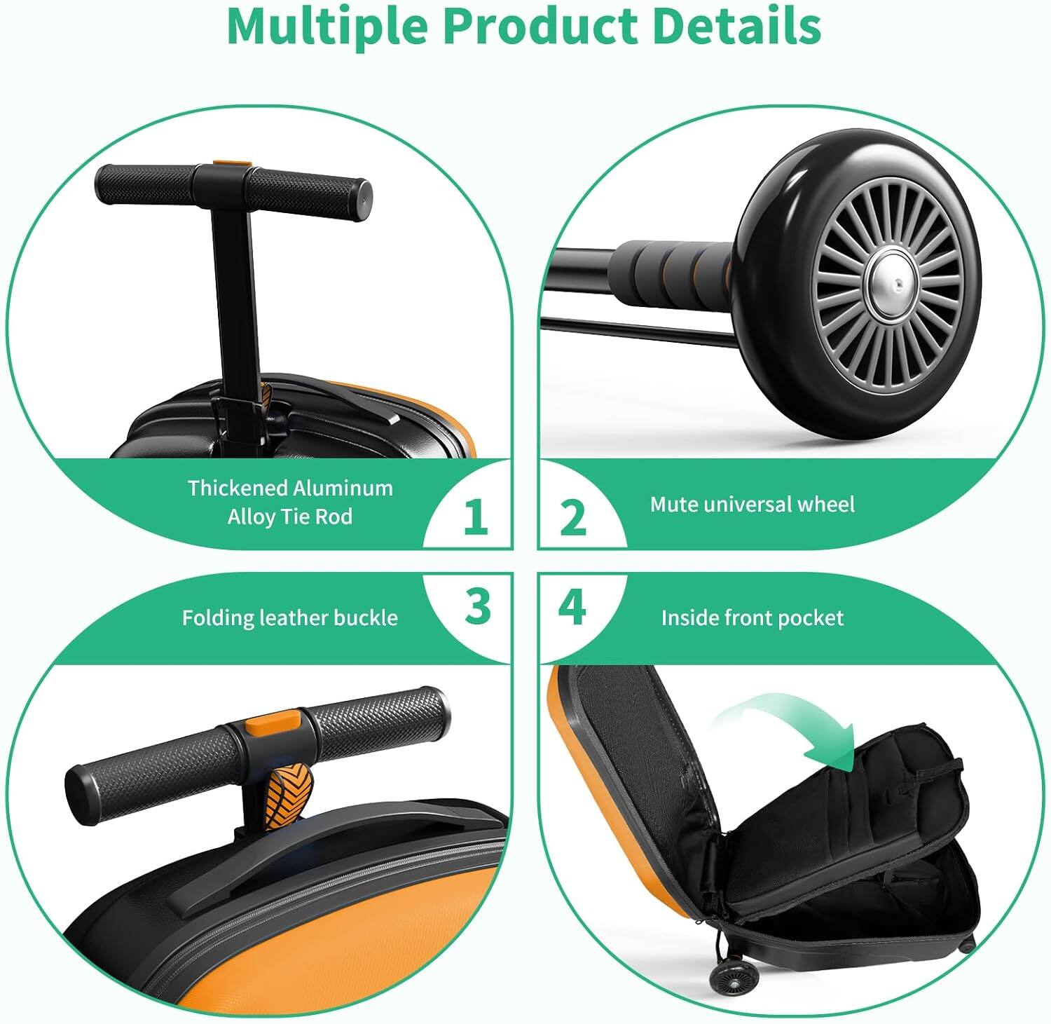 Multiple Product Details

1. Thickened Aluminum Alloy Tie Rod
2. Mute universal wheel
3. Folding leather buckle
4. Inside front pocket