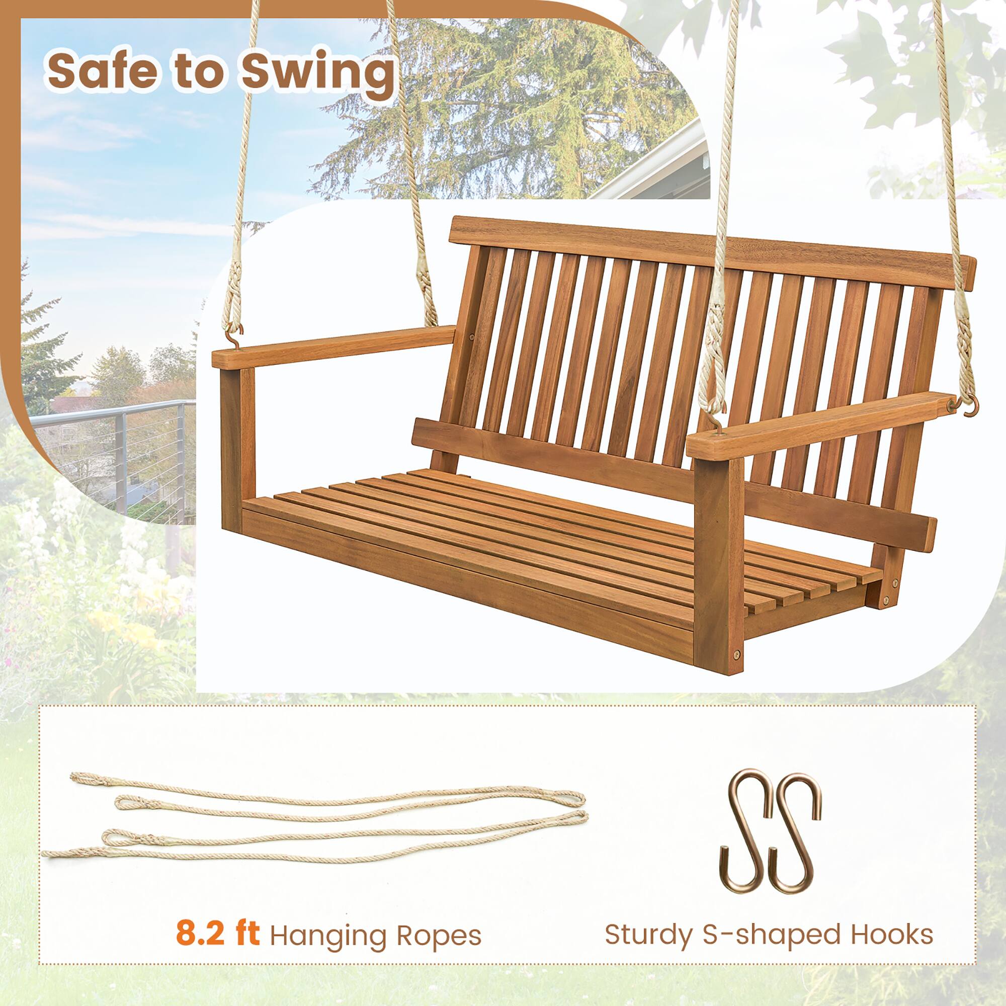 Alt View 5. Gymax - Gymax 2-Person Acacia Wood Outdoor Porch Swing Patio Hanging Bench Chair Natural - Natural.