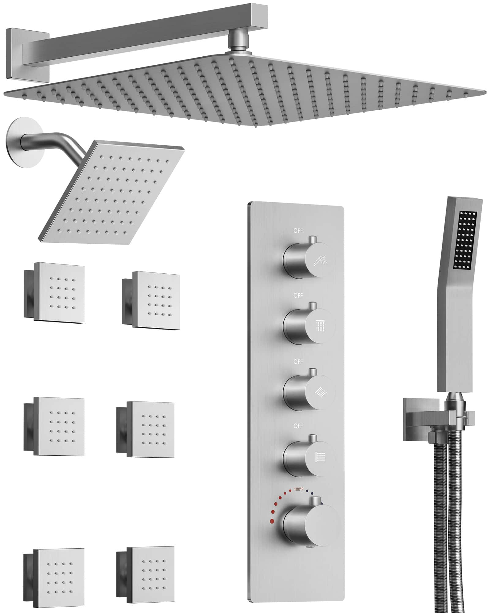 GRANDJOY - Thermostatic Rain Shower System with 6 Body Jets and Handheld Sprayer, Anti-Scald Dual Head Set with Rough-in Valve - Brushed Nickel