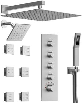 GRANDJOY - Thermostatic Rain Shower System with 6 Body Jets and Handheld Sprayer, Anti-Scald Dual Head Set with Rough-in Valve - Brushed Nickel