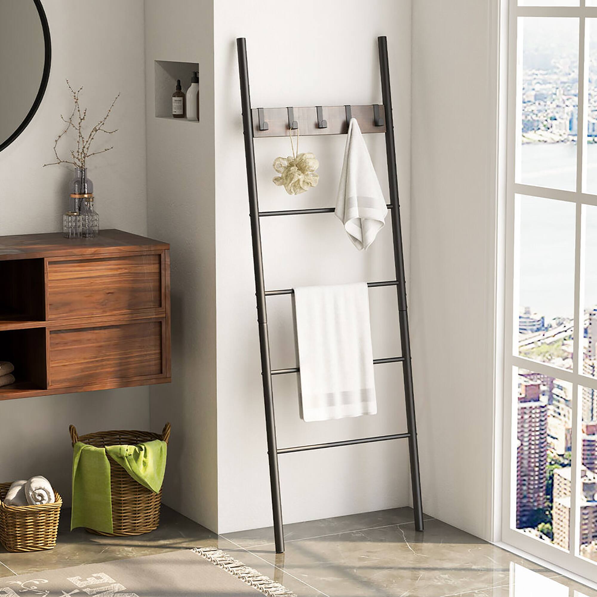 Alt View 3. Gymax - Gymax 5-Tier Ladder Shelf Wall Leaning Blanket Ladder w/5 Removable Hooks Rustic Brown - Rustic Brown, Black.