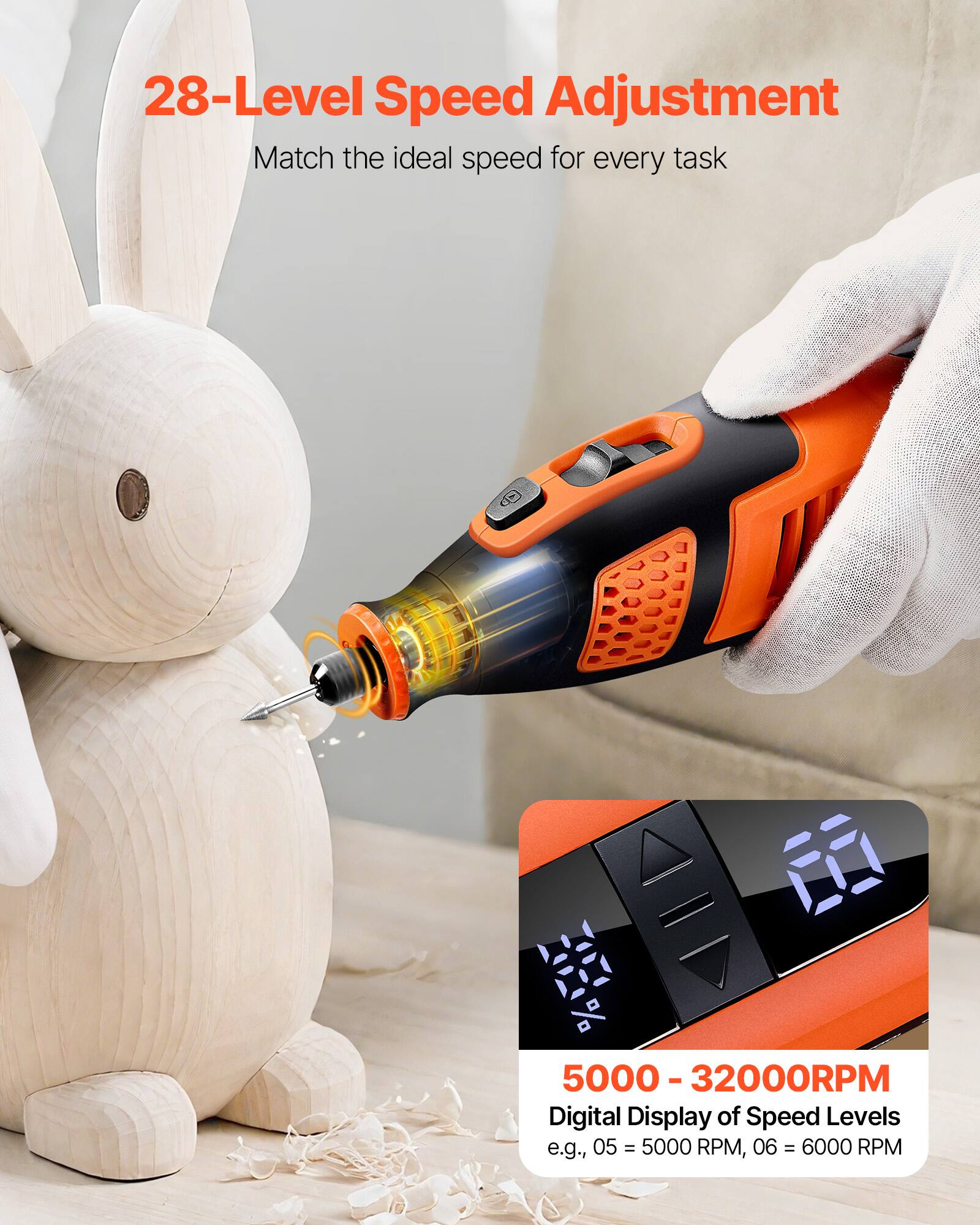 28-Level Speed Adjustment  
Match the ideal speed for every task  

5000 - 32000RPM  
Digital Display of Speed Levels  
e.g., 05 = 5000 RPM, 06 = 6000 RPM