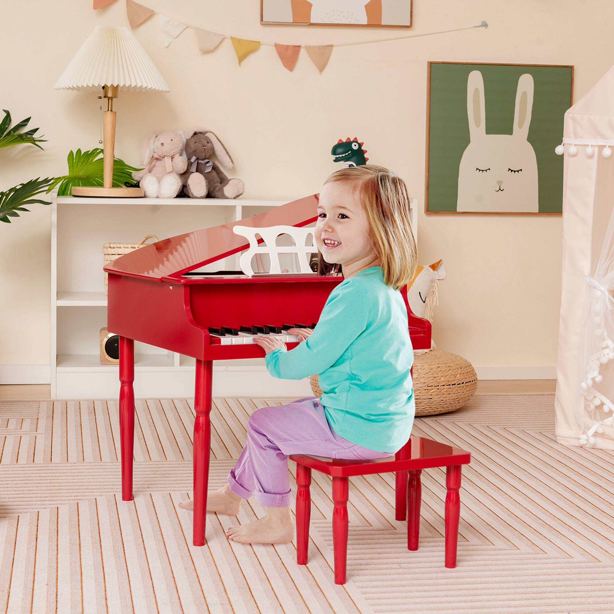 Alt View 11. Costway - 30-Key Classic Baby Grand Piano Toddler Toy Wood with Bench & Music Rack - Red.