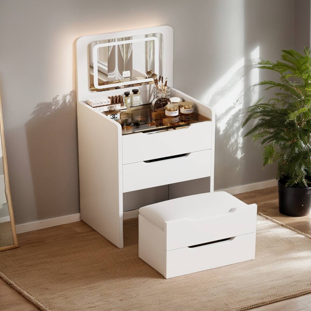Left. Loheer - Loheer White Makeup Vanity Desk with Flip Top Mirror and Glass Desktop - White.