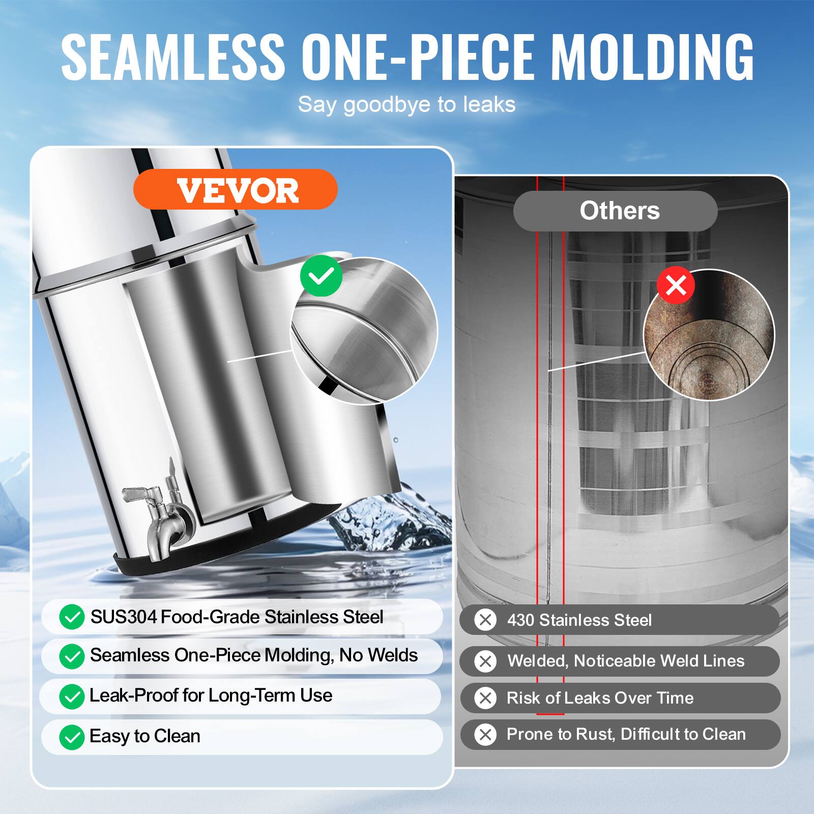 SEAMLESS ONE-PIECE MOLDING  
Say goodbye to leaks  

VEVOR  
- SUS304 Food-Grade Stainless Steel  
- Seamless One-Piece Molding, No Welds  
- Leak-Proof for Long-Term Use  
- Easy to Clean  

Others  
- 430 Stainless Steel  
- Welded, Noticeable Weld Lines  
- Risk of Leaks Over Time  
- Prone to Rust, Difficult to Clean