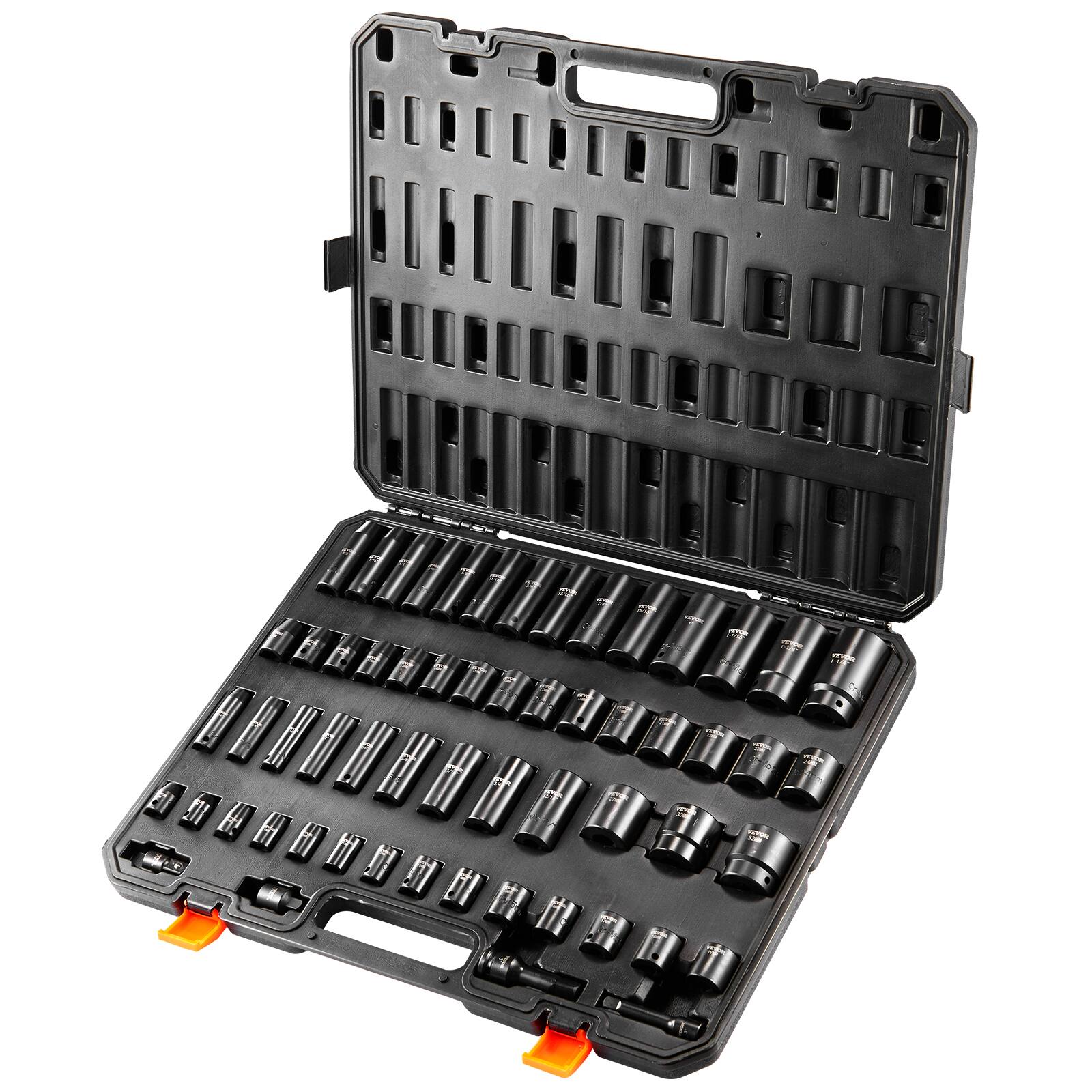Alt View 5. VEVOR - 3/8" & 1/2" Drive Impact Socket Set, 59PCS Socket Set SAE 5/16" to 1-1/4" and Metric 6-32mm, 6 Point Cr-Mo Alloy Steel - Black.