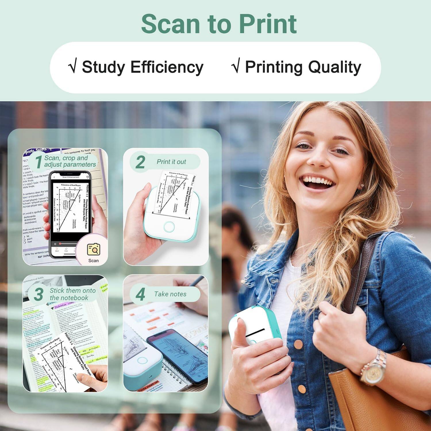 Scan to Print

Study Efficiency Printing Quality

1. Scan, crop and adjust parameters
2. Print it out
3. Stick them onto the notebook
4. Take notes