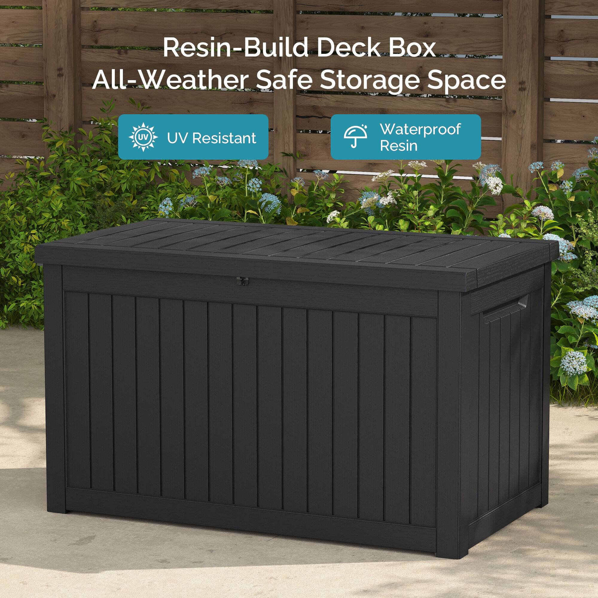 Resin-Build Deck Box  
All-Weather Safe Storage Space  
UV Resistant  
Waterproof Resin