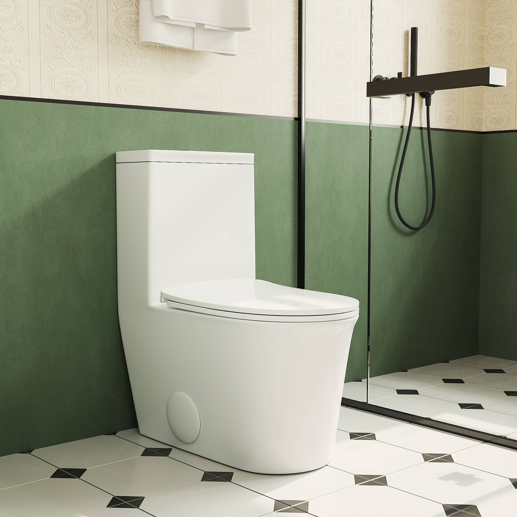 Left. Bothwa Home - T053 One‑Piece Elongated Modern Compact Design Toilet - White.