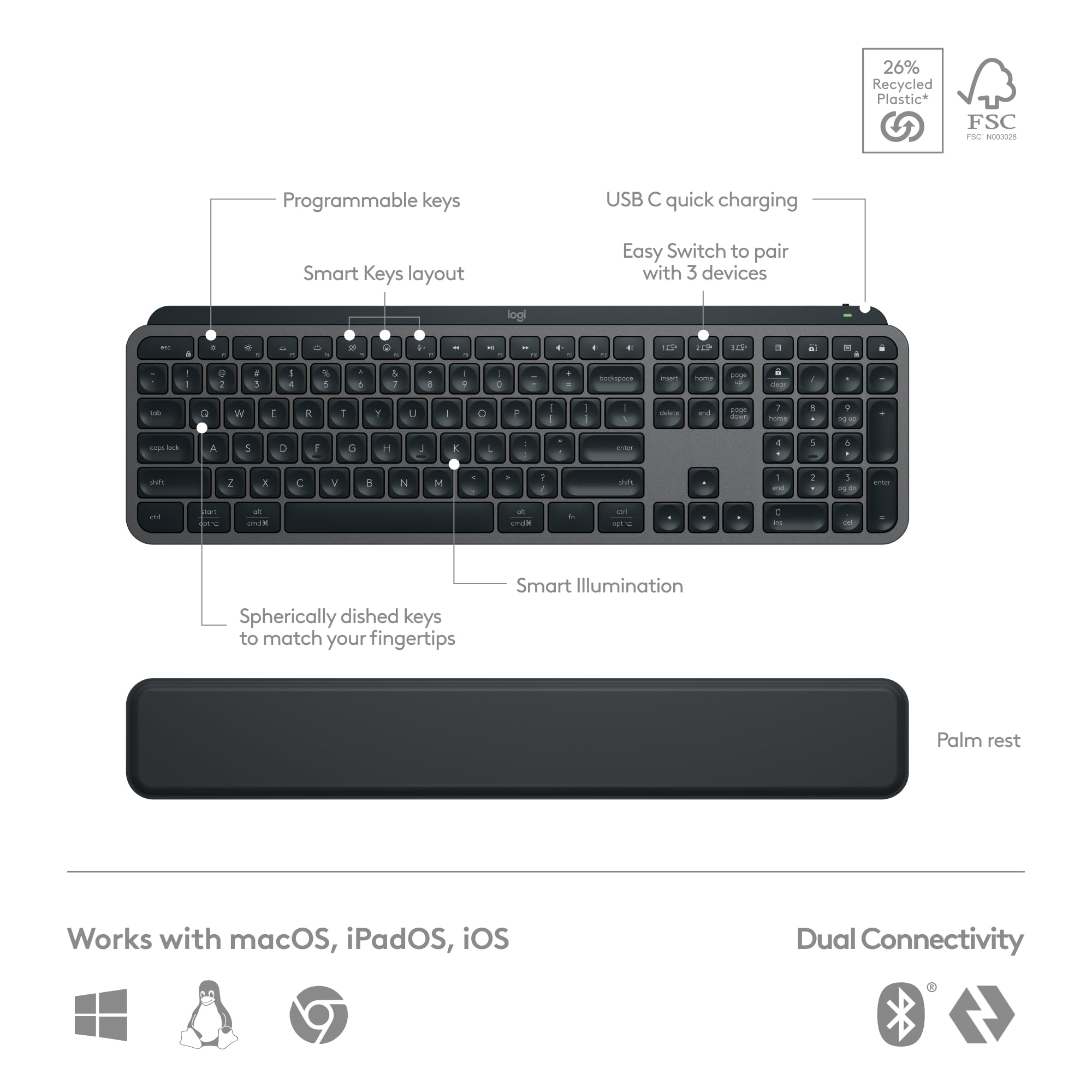 26% Recycled Plastic*  
FSC S  

Programmable keys  
Smart Keys layout  
USB C quick charging  
Easy Switch to pair with 3 devices  
Spherically dished keys to match your fingertips  
Smart Illumination  
Palm rest  

Works with macOS, iPadOS, iOS  
Dual Connectivity  

*FSC S  

Works with macOS, iPadOS, iOS