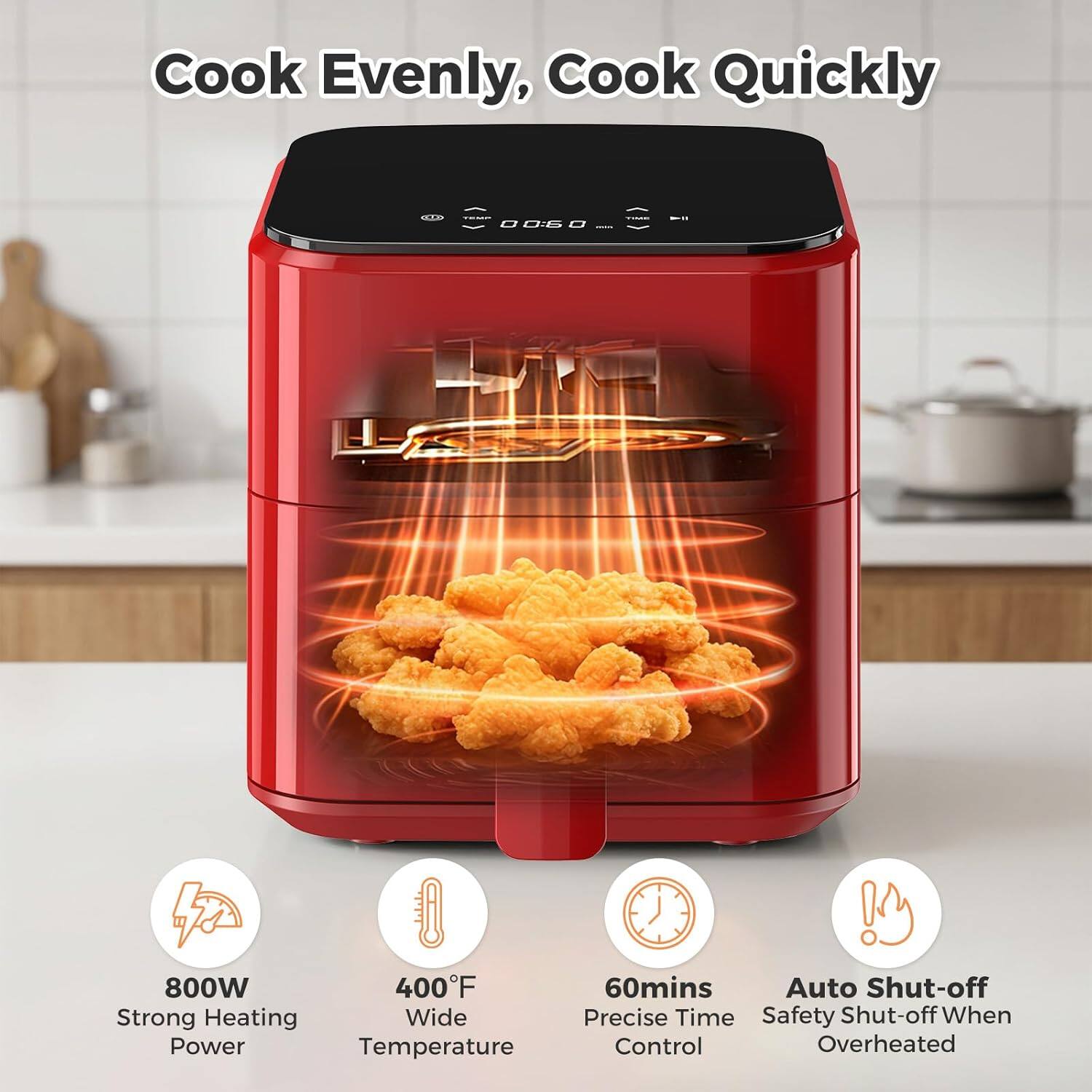 Cook Evenly, Cook Quickly

- 800W Strong Heating Power
- 400°F Wide Temperature
- 60mins Precise Time Control
- Auto Shut-off Safety Shut-off When Overheated