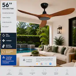 ENLIGHT - 56" Smart Ceiling Fan, IP66 Outdoor & Coastal, Weather Resist, Efficient & Quiet DC Motor, Reverse Mode, Matter, 3 Blade - Teak Woodgrain