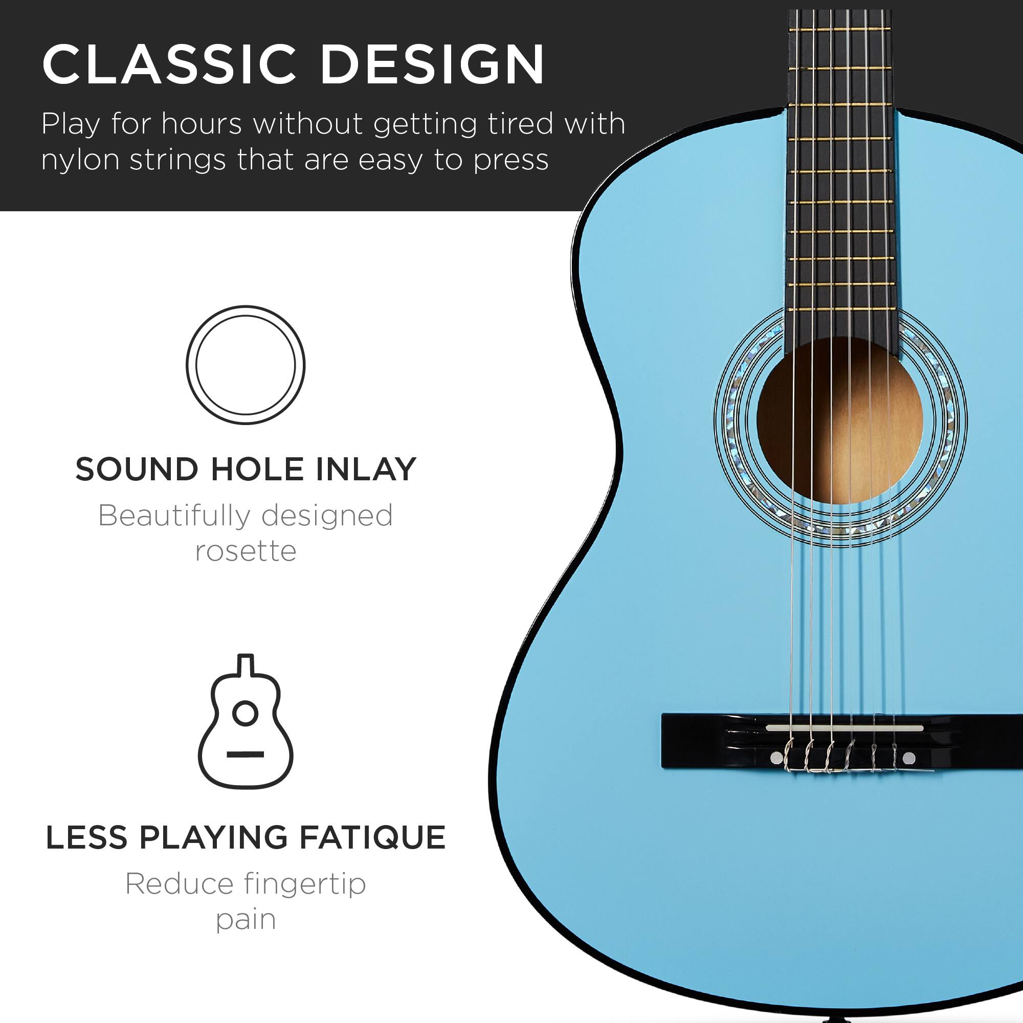 **CLASSIC DESIGN**  
Play for hours without getting tired with nylon strings that are easy to press

**SOUND HOLE INLAY**  
Beautifully designed rosette

**LESS PLAYING FATIGUE**  
Reduce fingertip pain