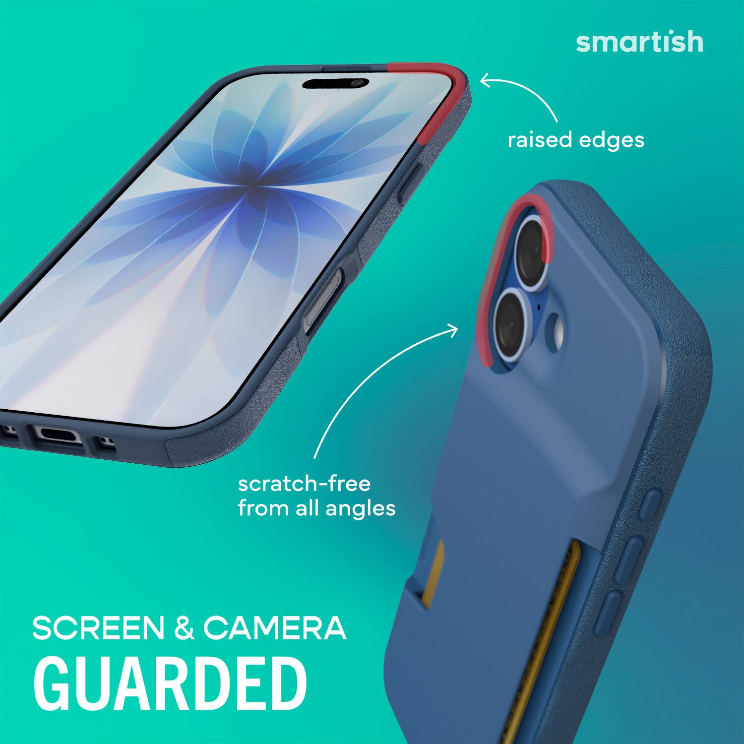 smartish  
raised edges  
scratch-free from all angles  
SCREEN & CAMERA GUARDED