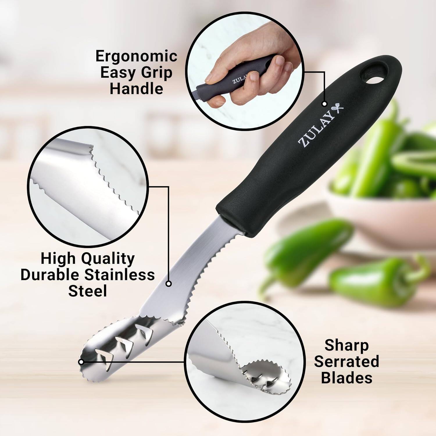 Ergonomic Easy Grip Handle

High Quality Durable Stainless Steel

Sharp Serrated Blades