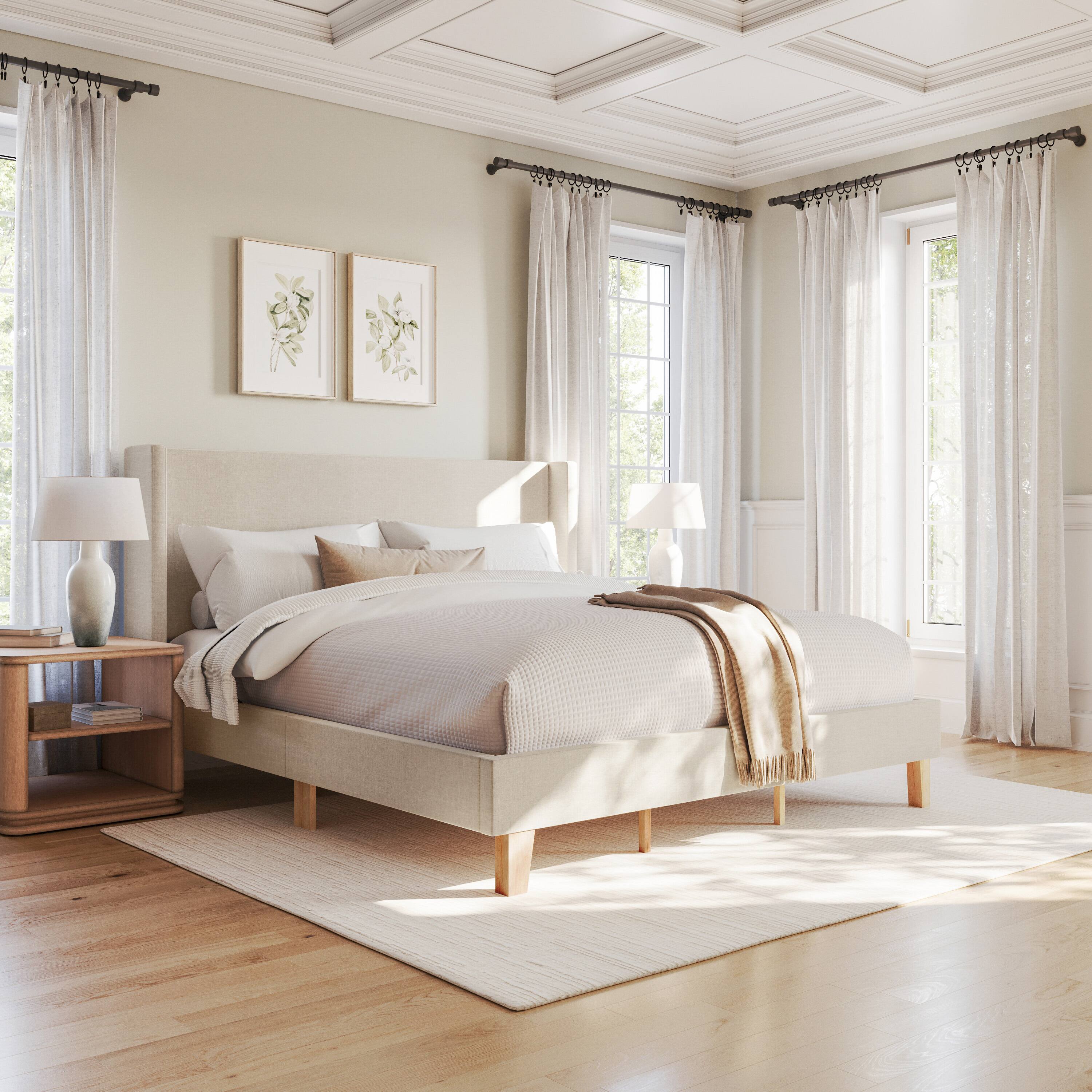 Front. Martha Stewart - Upholstered Platform Bed with Wingback Headboard - Beige.