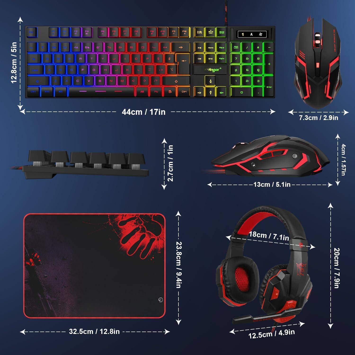 - Keyboard: 44cm / 17in (width) x 12.8cm / 5in (height)
- Mouse: 7.3cm / 2.9in (width) x 4cm / 1.57in (height)
- Mouse Pad: 32.5cm / 12.8in (width) x 23.8cm / 9.4in (height)
- Headphones: 20cm / 7.9in (width) x 18cm / 7.1in (height) x 12.5cm / 4.9in (depth)
