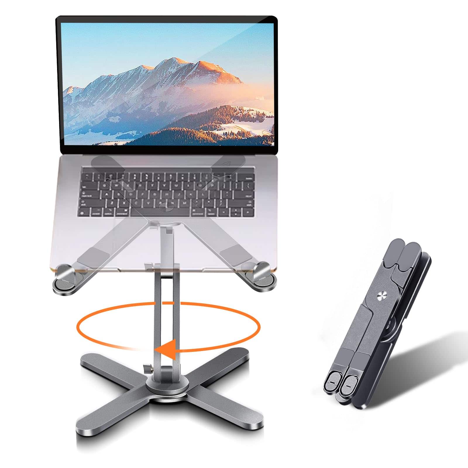 HongFei - Laptop Stand with 360 Rotating Base, Computer Notebook Riser Metal Holder for Desk, Fully Foldable, Fits Laptops - Gray